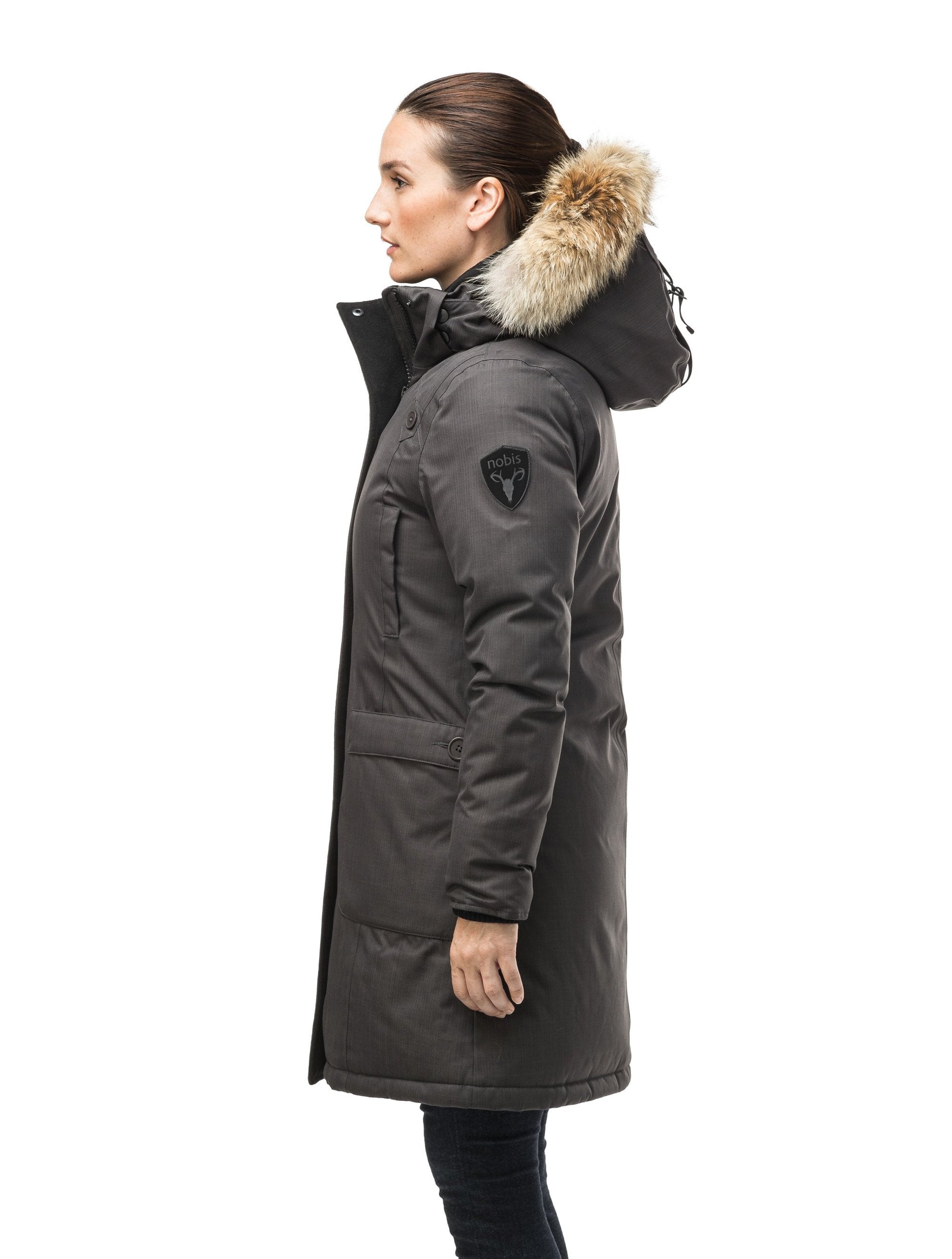 Best selling women's down filled knee length parka with removable down filled hood in CH Steel Grey