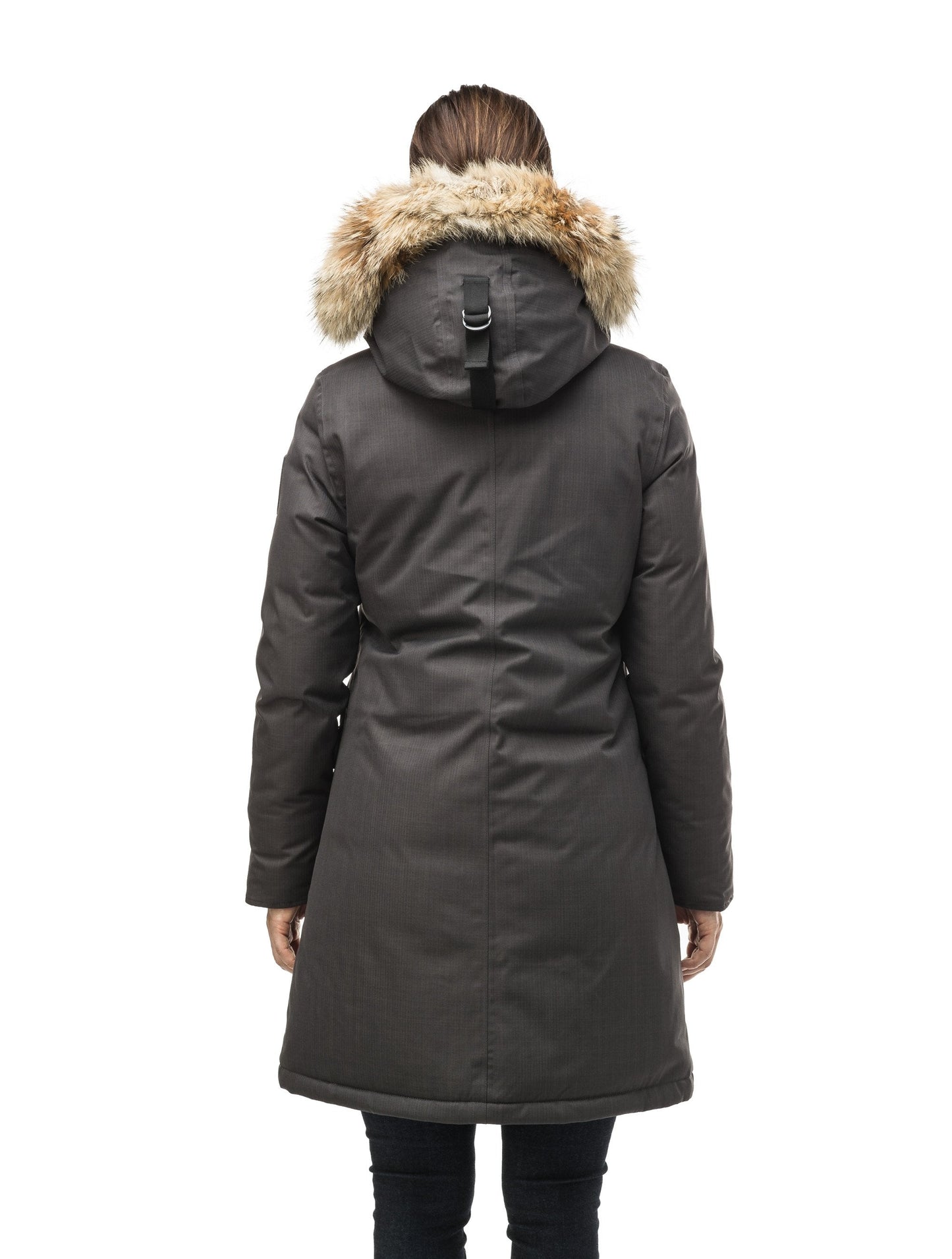 Best selling women's down filled knee length parka with removable down filled hood in CH Steel Grey