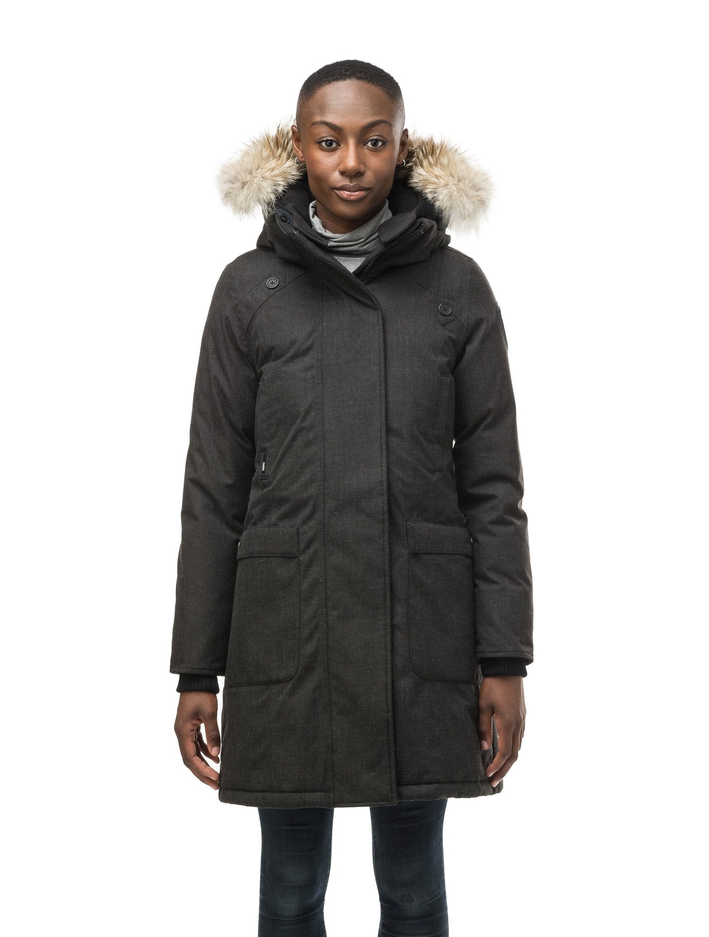 Best selling women's down filled knee length parka with removable down filled hood in H. Black