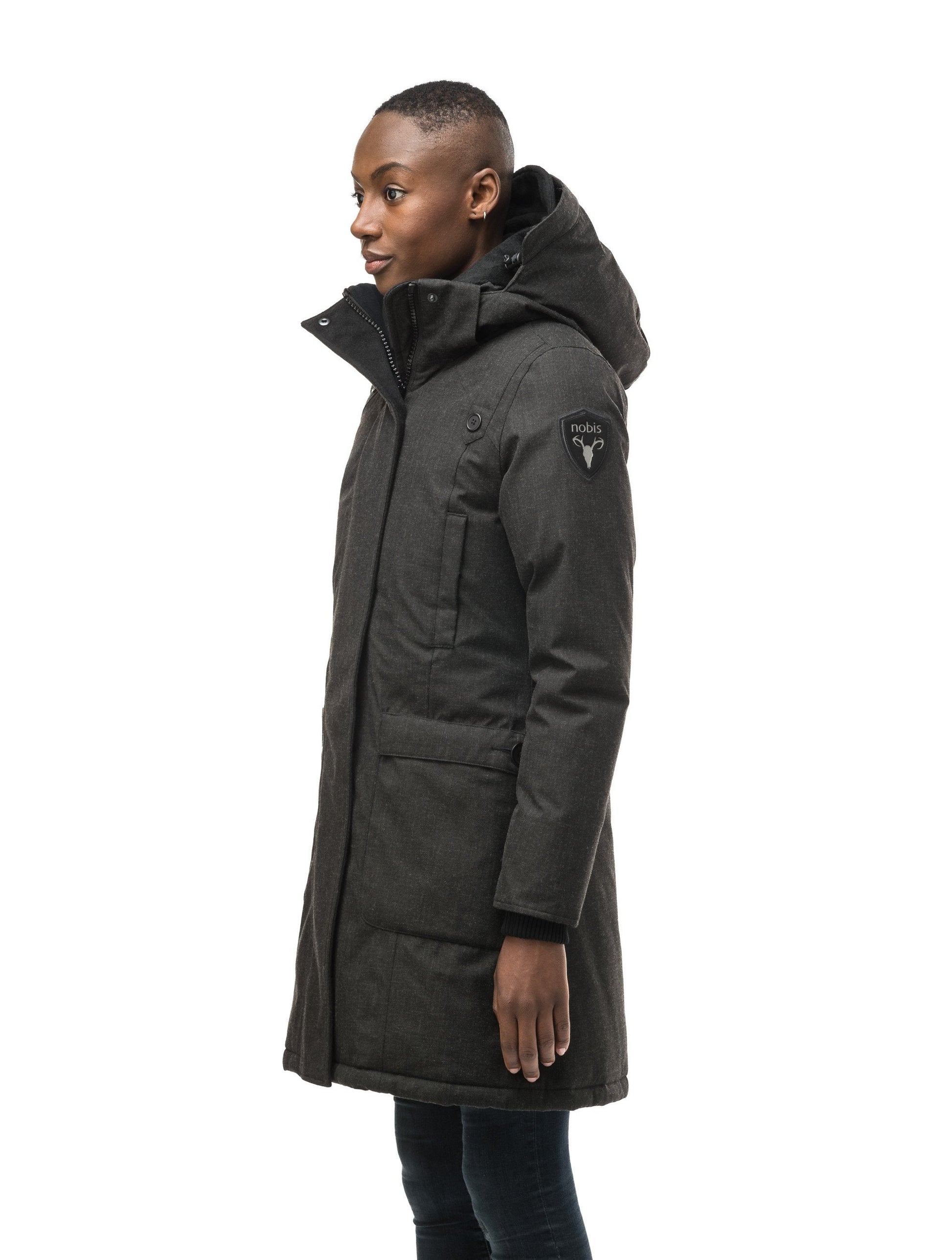 Best selling women's down filled knee length parka with removable down filled hood in H. Black