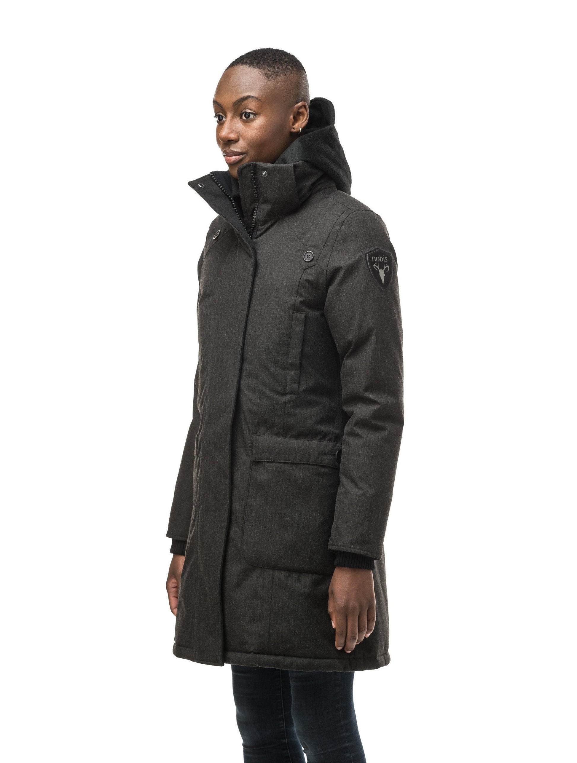 Best selling women's down filled knee length parka with removable down filled hood in H. Black