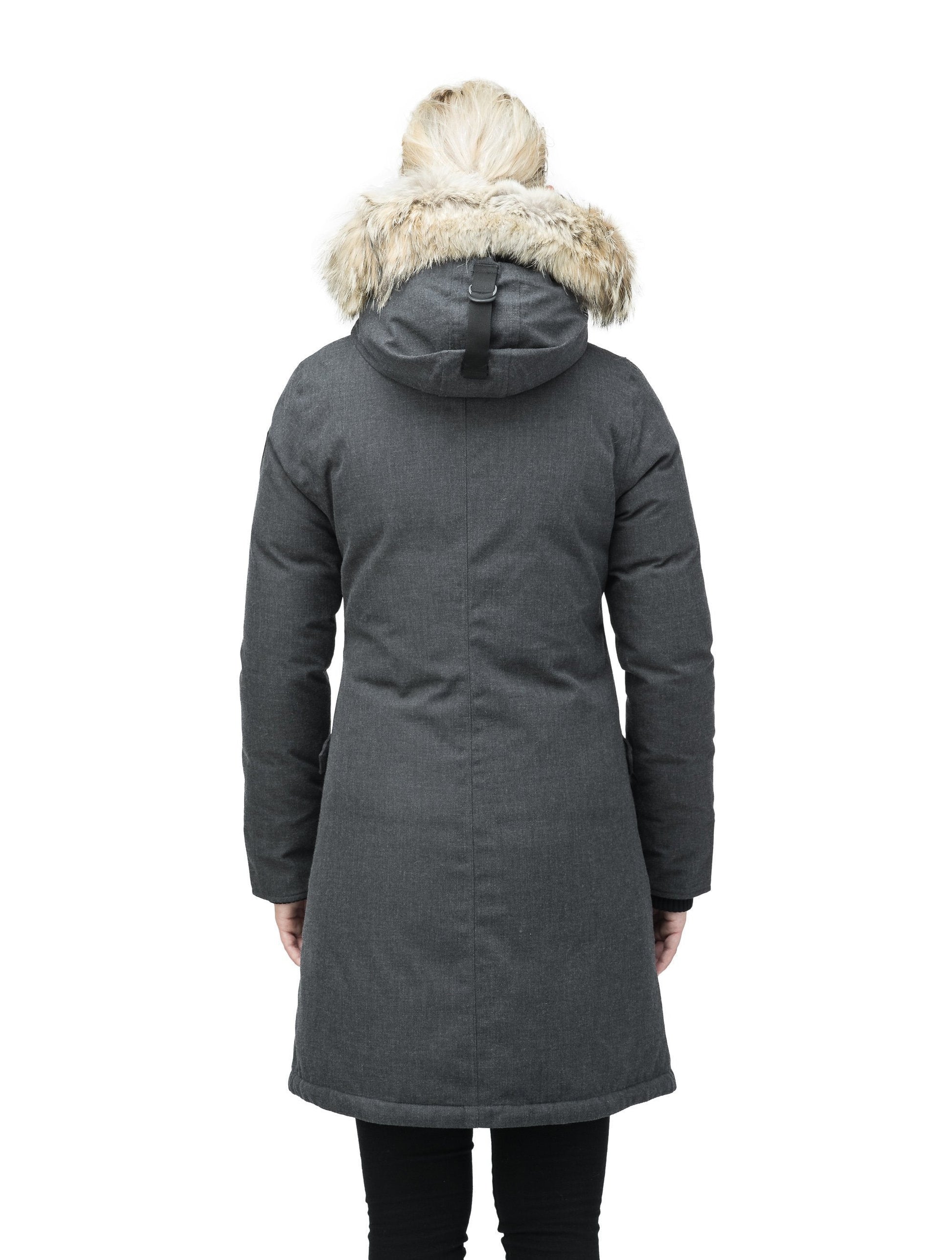 Best selling women's down filled knee length parka with removable down filled hood in H. Charcoal