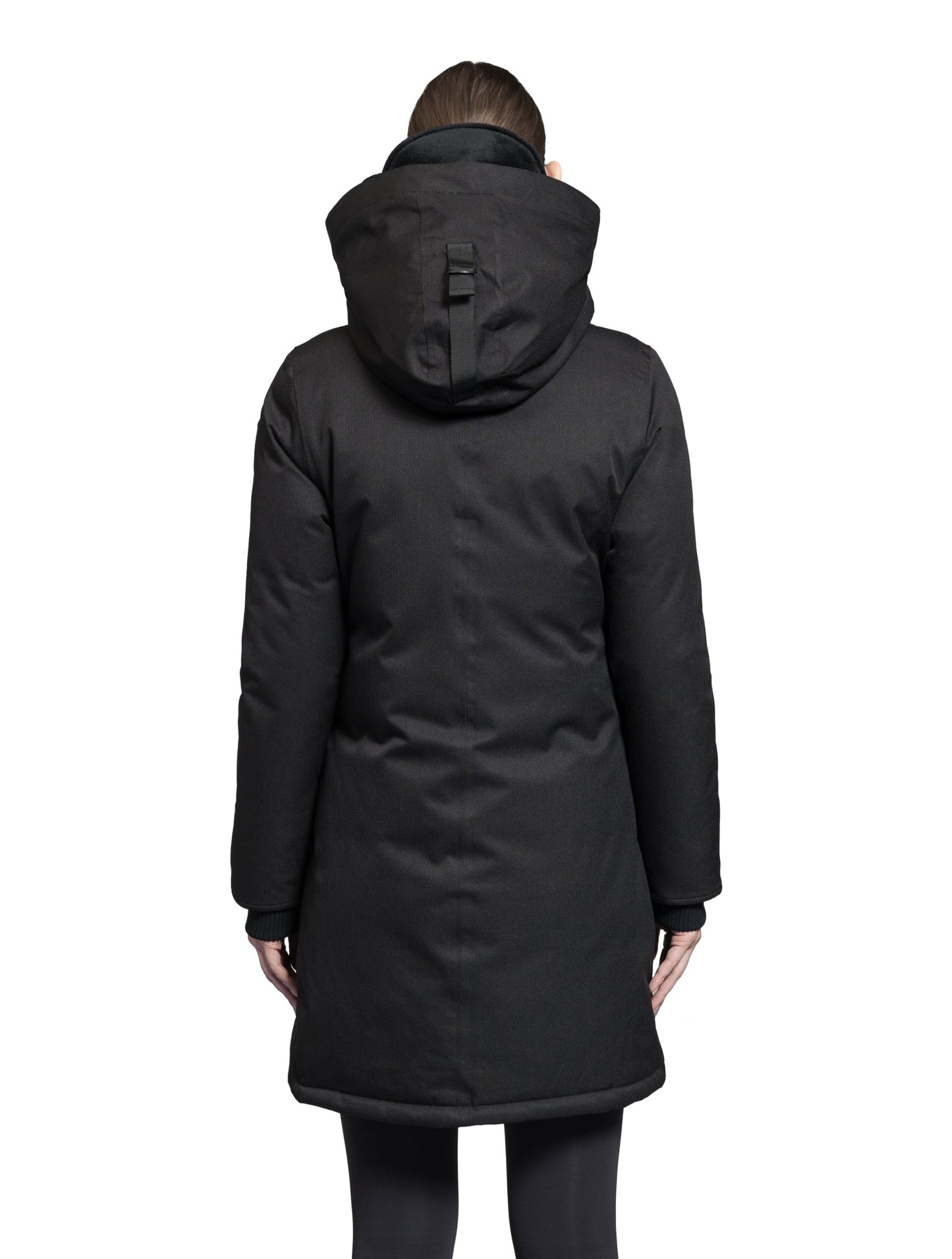 Merideth Furless Ladies Parka in thigh length, Canadian white duck down insulation, removable down-filled hood, centre-front two-way zipper with magnetic wind flap closure, four exterior pockets, and elastic ribbed cuffs, in Black