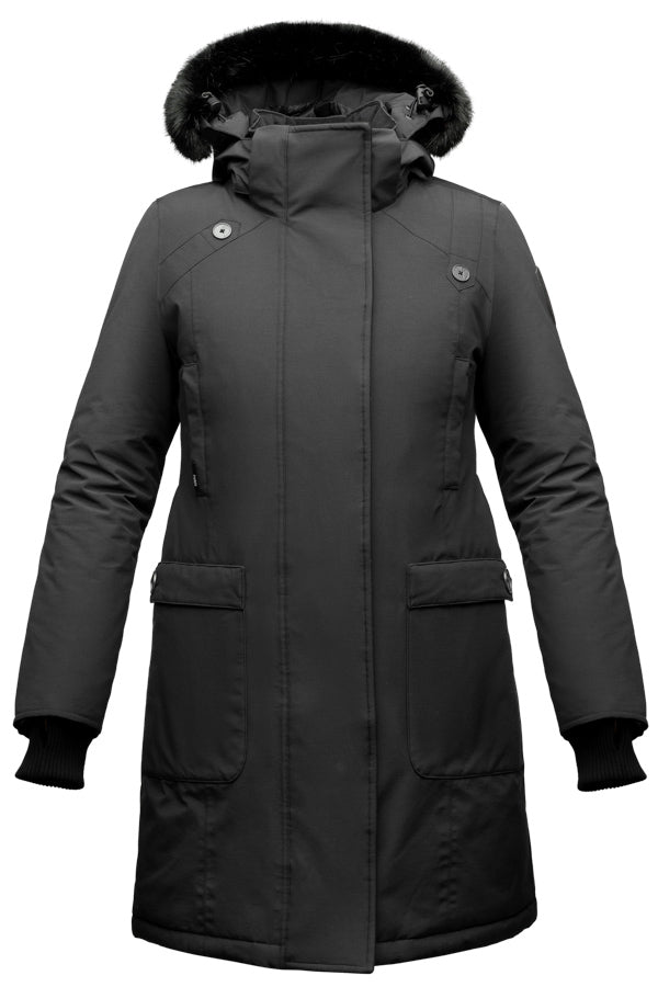 Women's thigh length down parka with removable hood and faux fur trim in Black