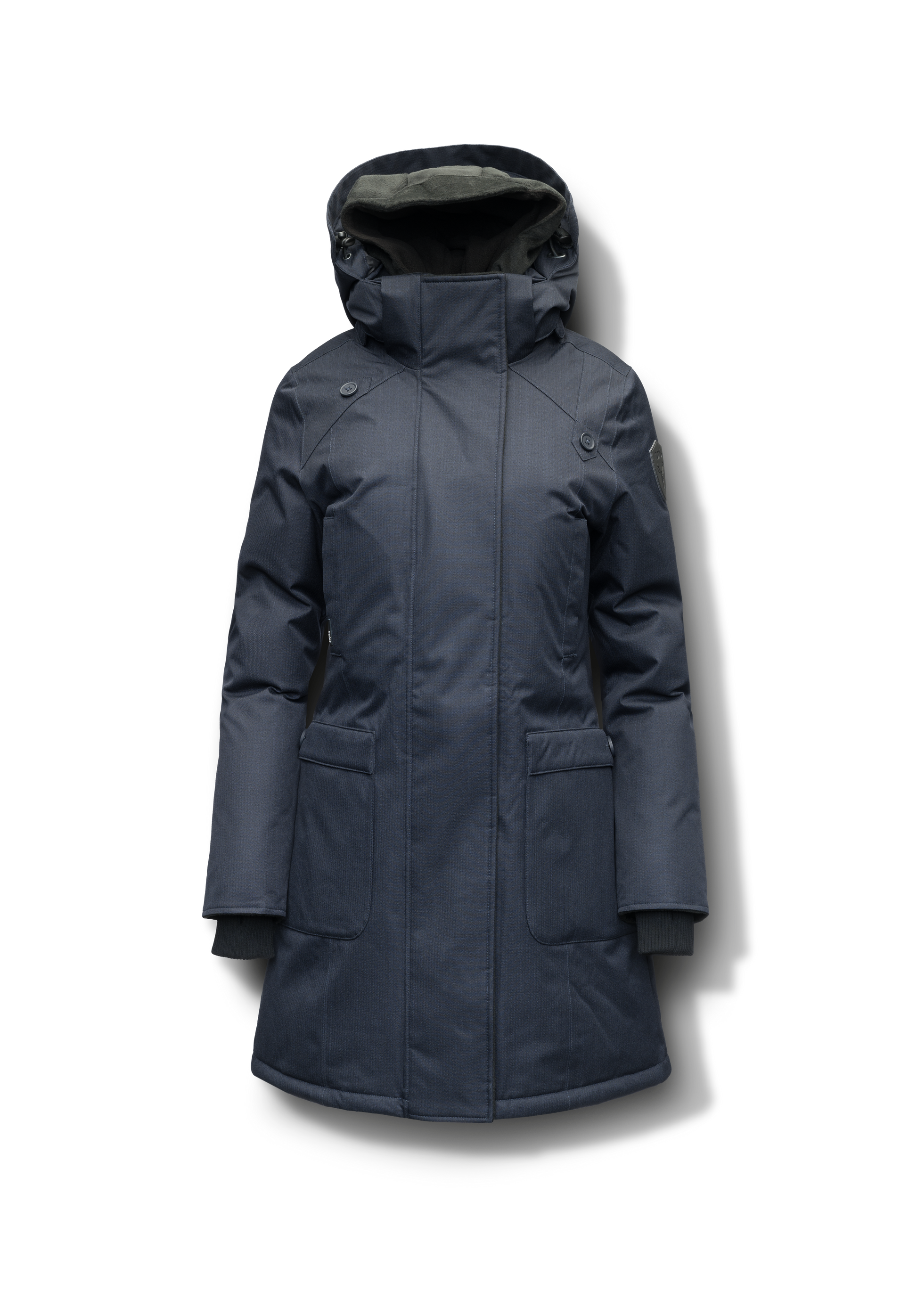 Merideth Furless Ladies Parka in thigh length, Canadian white duck down insulation, removable down-filled hood, centre-front two-way zipper with magnetic wind flap closure, four exterior pockets, and elastic ribbed cuffs, in Navy