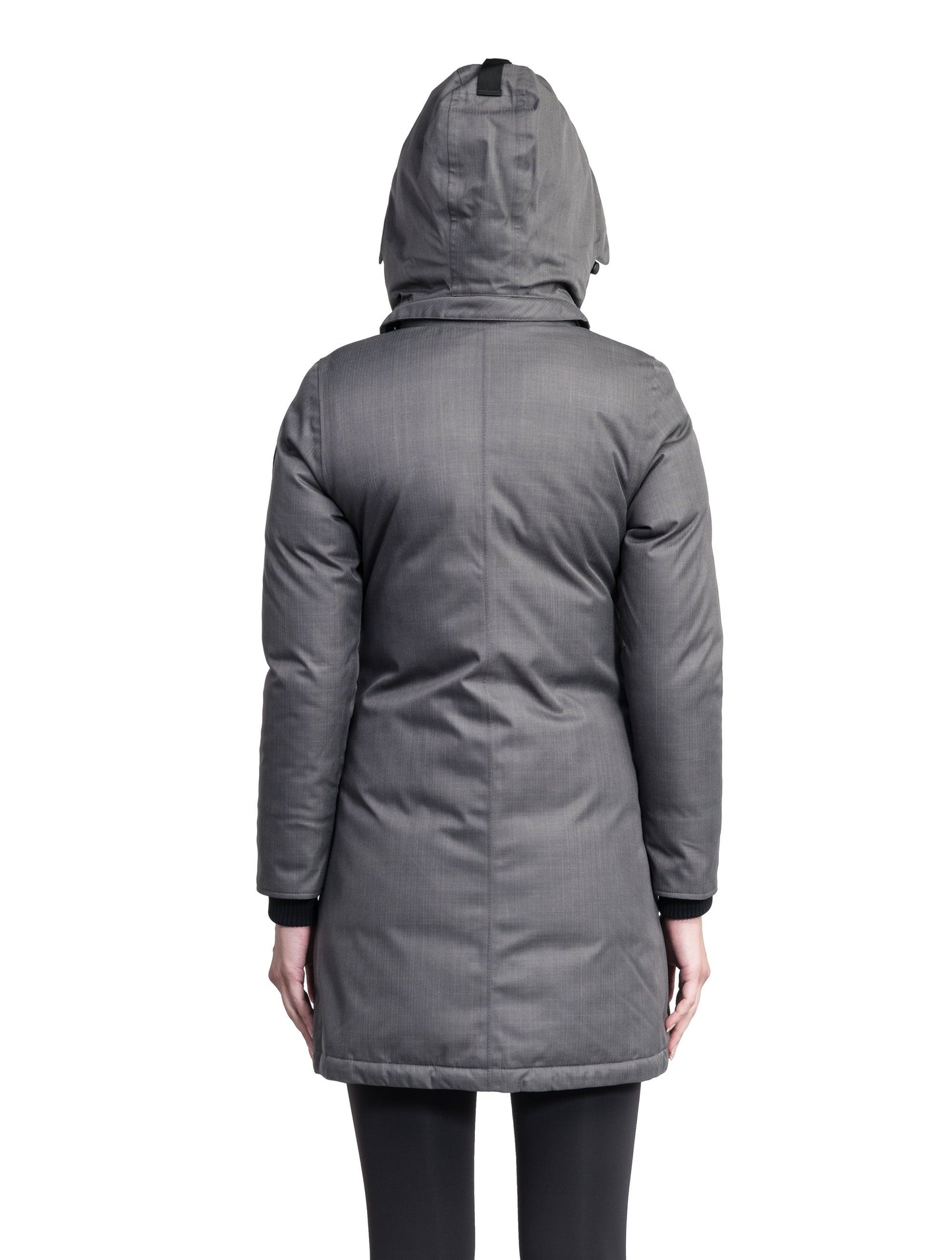 Merideth Furless Ladies Parka in thigh length, Canadian white duck down insulation, removable down-filled hood, centre-front two-way zipper with magnetic wind flap closure, four exterior pockets, and elastic ribbed cuffs, in Steel Grey