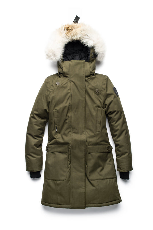 Best selling women's down filled knee length parka with removable down filled hood in CH Fatigue