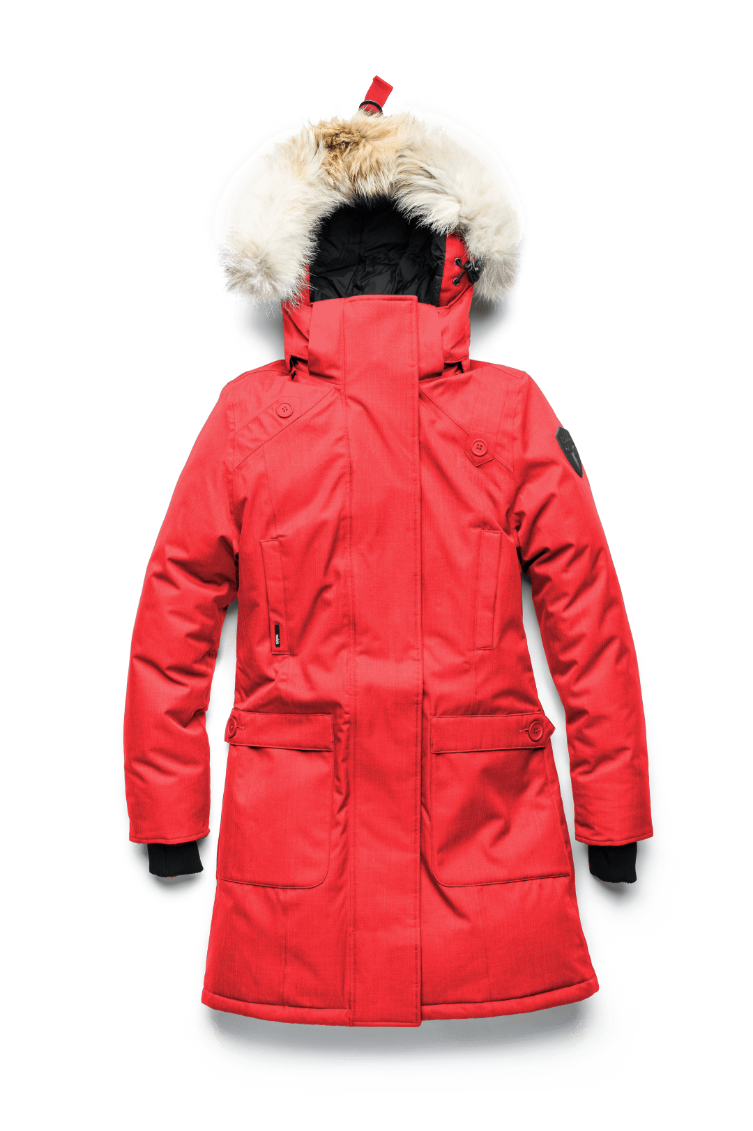 Best selling women's down filled knee length parka with removable down filled hood in CH Red