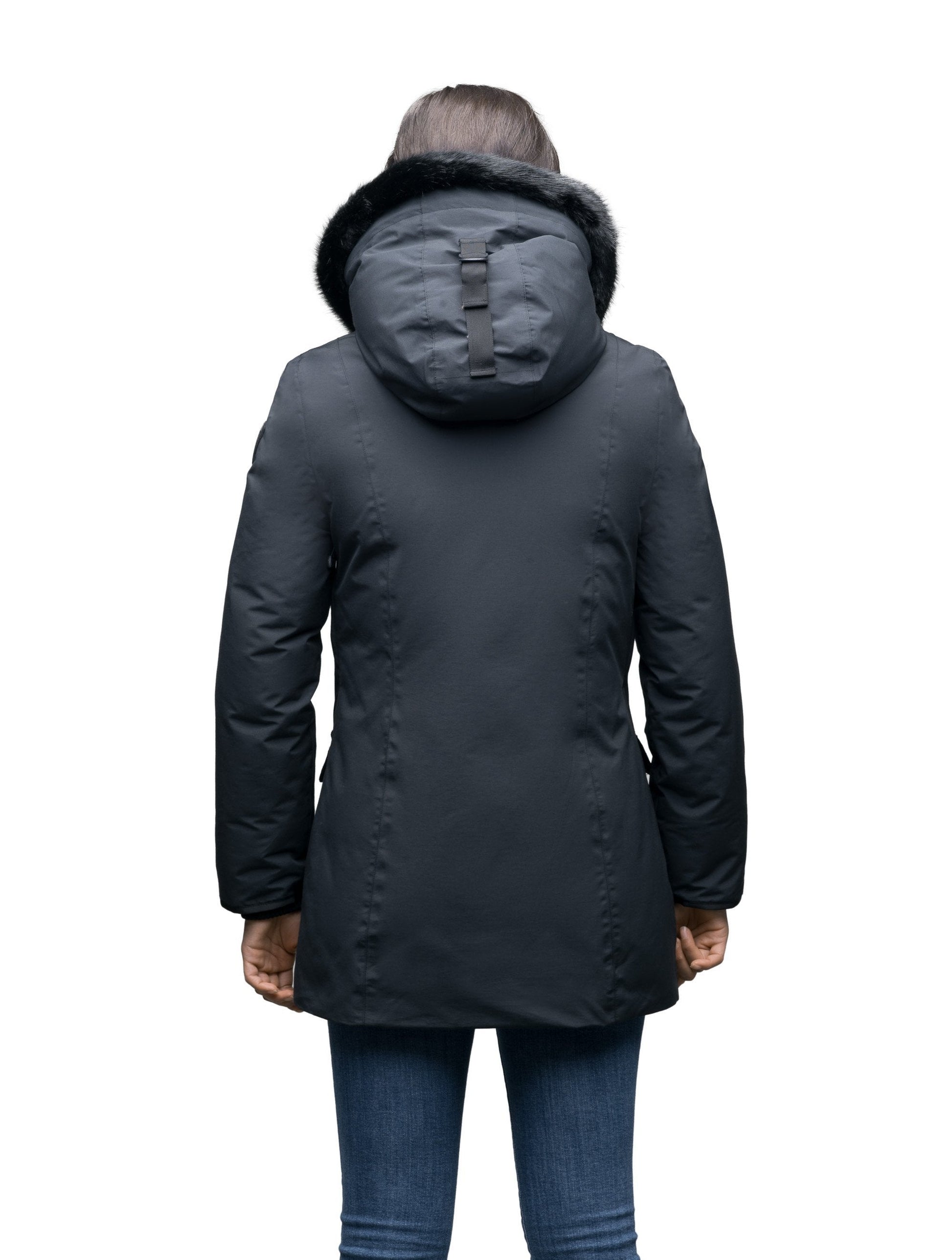 Women's hip length down parka with tonal fur trim in Cy Black