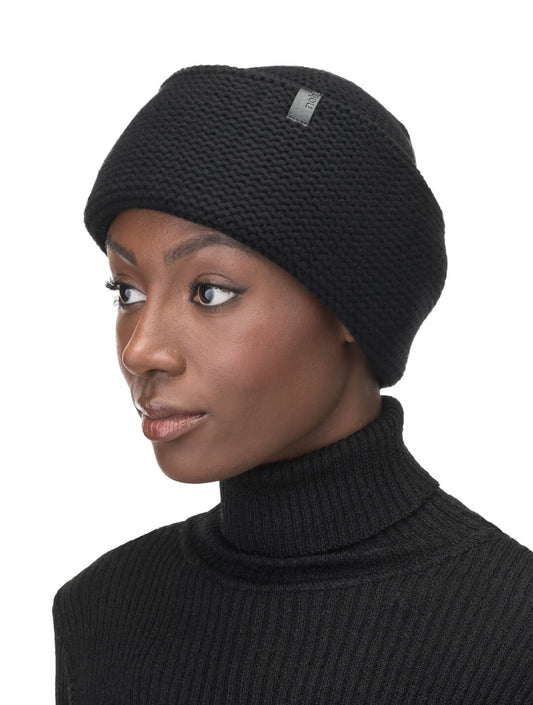 Mira Unisex Purl Knit Beanie in superfine merino wool and cashmere, and Nobis leather label at cuff, in Black + Black
