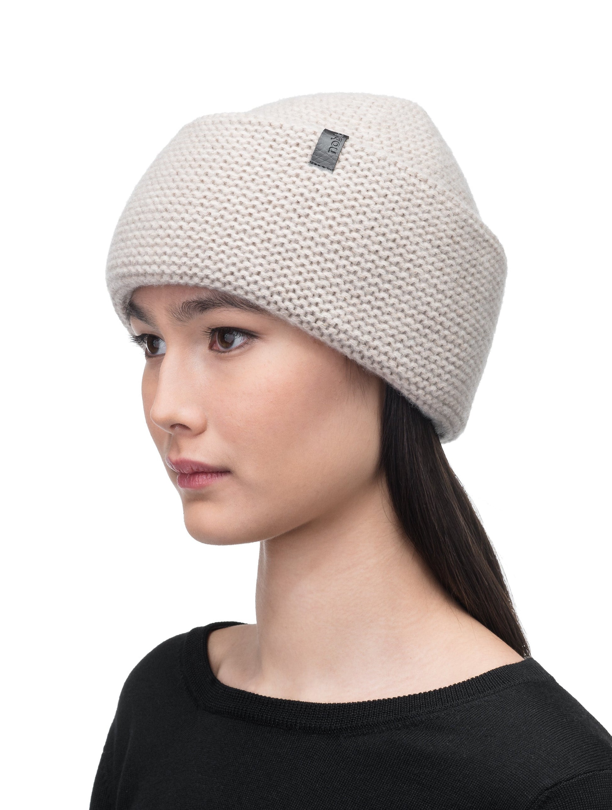 Mira Unisex Purl Knit Beanie in superfine merino wool and cashmere, and Nobis leather label at cuff, in Khaki