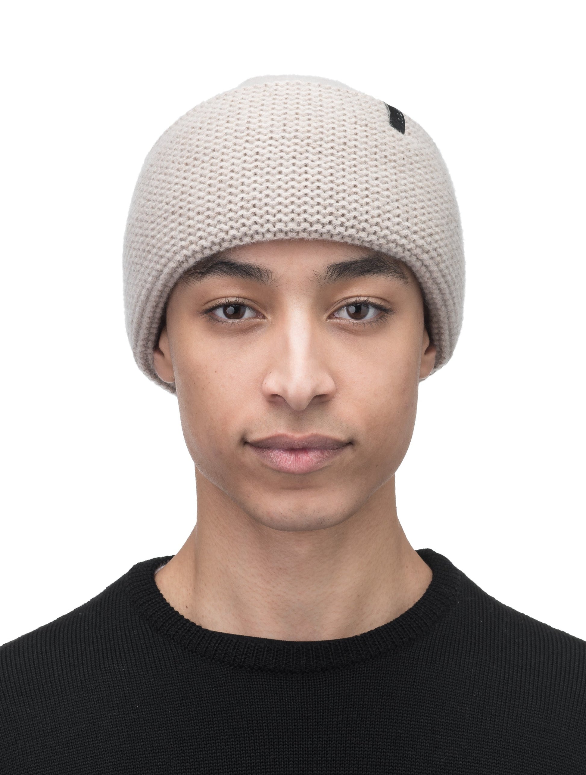 Mira Unisex Purl Knit Beanie in superfine merino wool and cashmere, and Nobis leather label at cuff, in Khaki