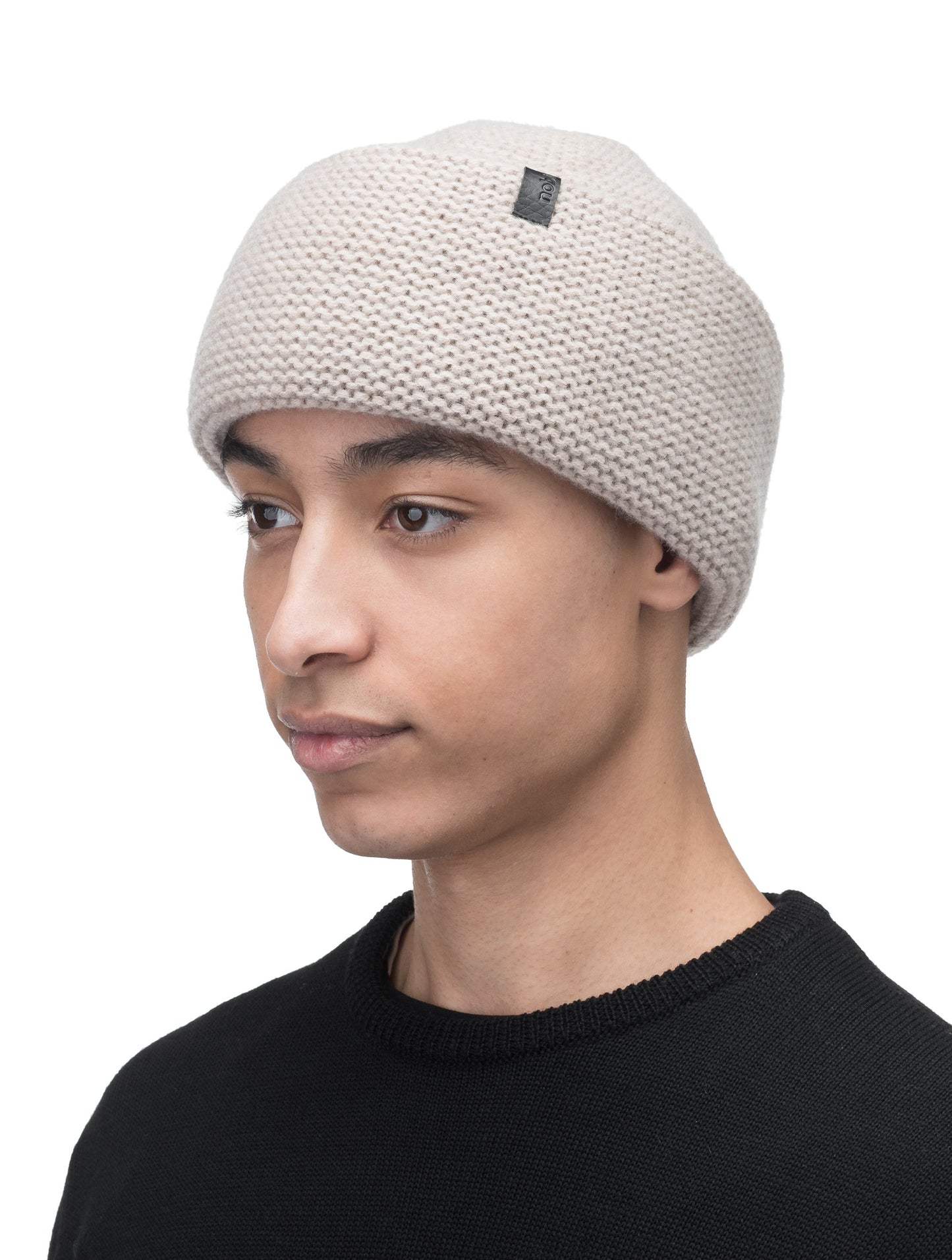 Mira Unisex Purl Knit Beanie in superfine merino wool and cashmere, and Nobis leather label at cuff, in Khaki