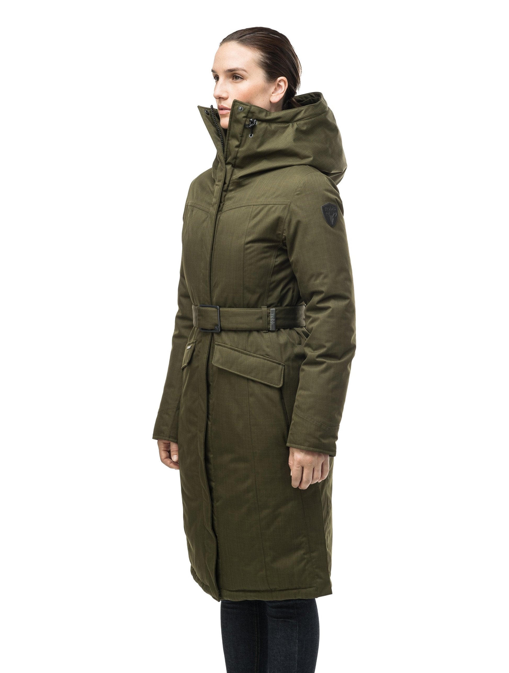 Women's maxi down filled parka with calf length hem in CH Fatigue