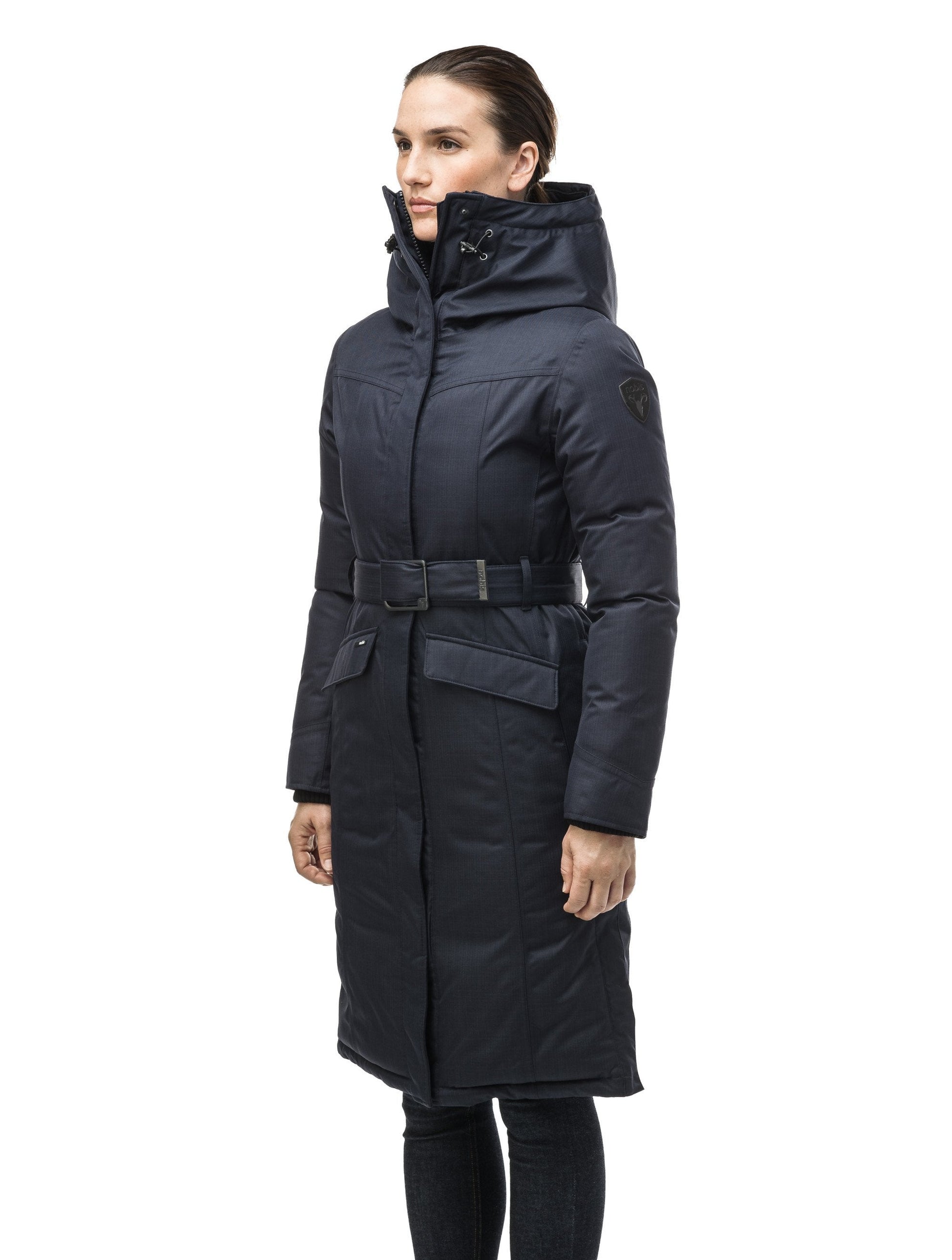 Women's maxi down filled parka with calf length hem in Navy