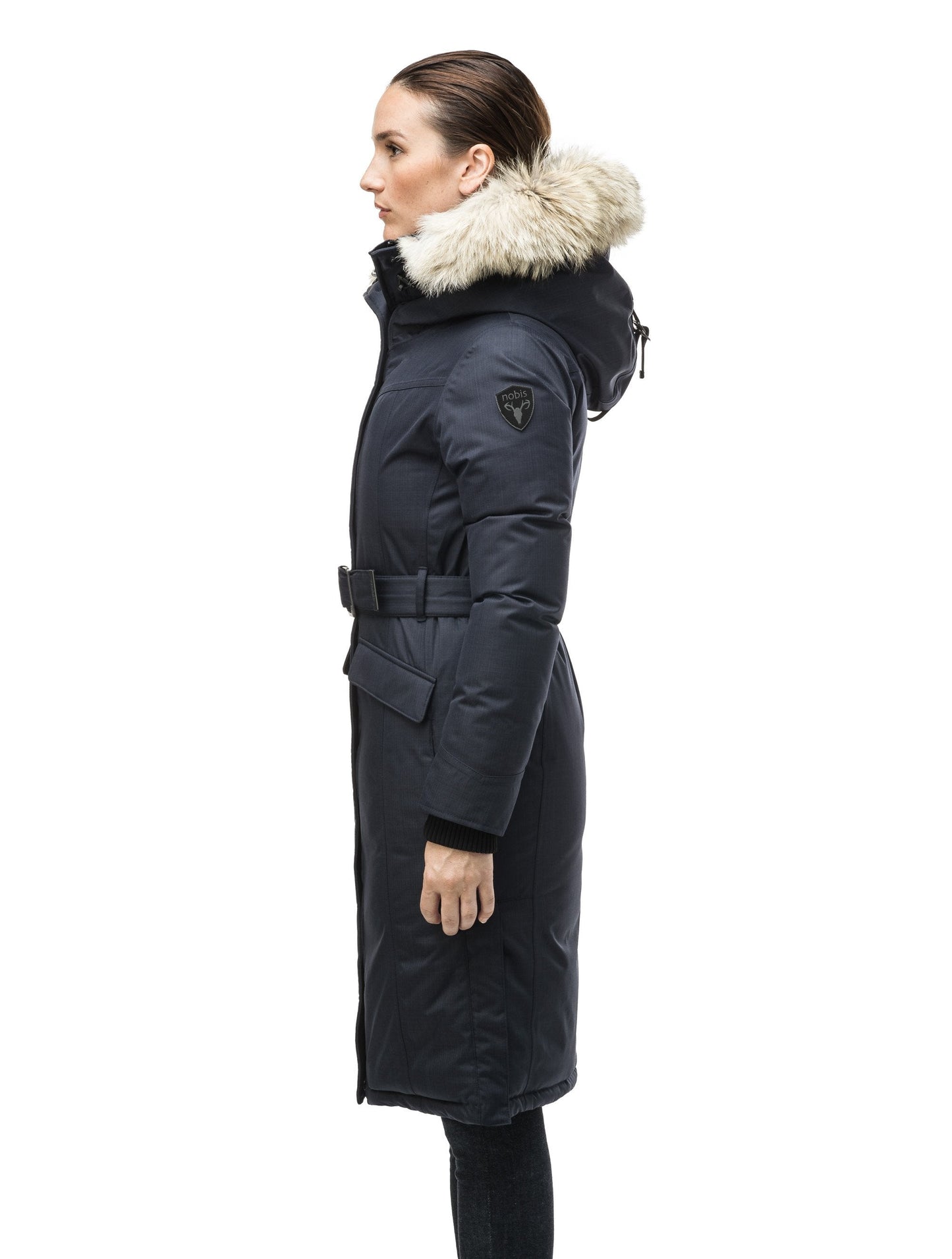 Women's maxi down filled parka with calf length hem in Navy