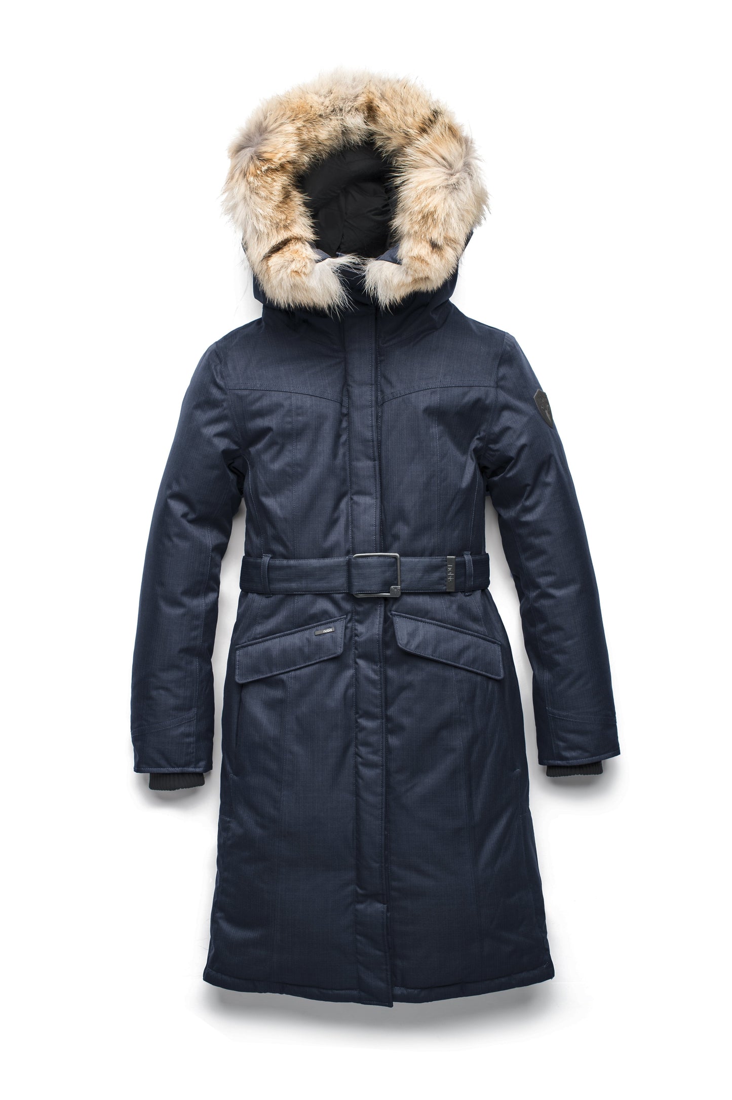 Women's maxi down filled parka with calf length hem in Navy