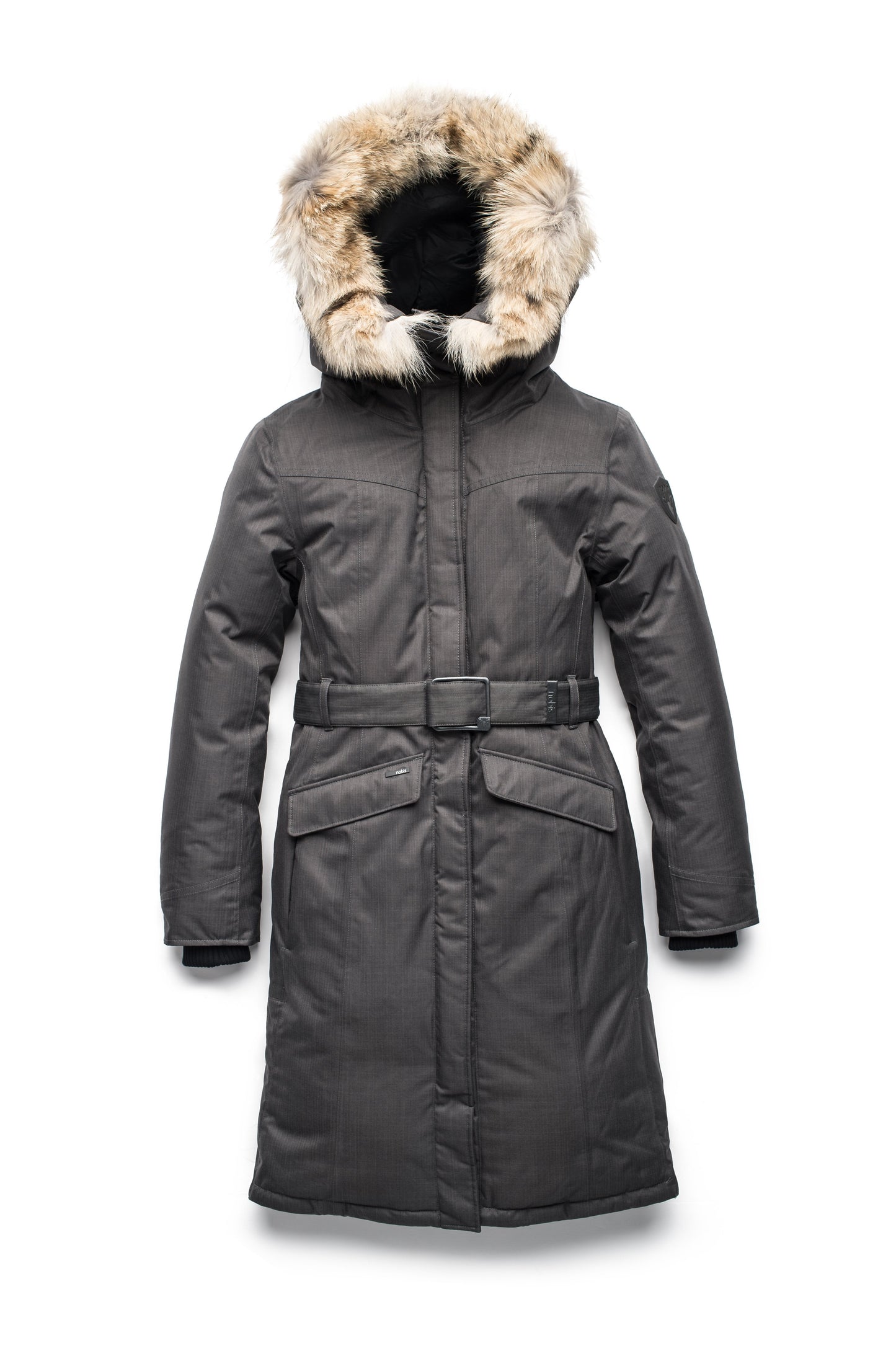 Women's maxi down filled parka with calf length hem in CH Steel Grey