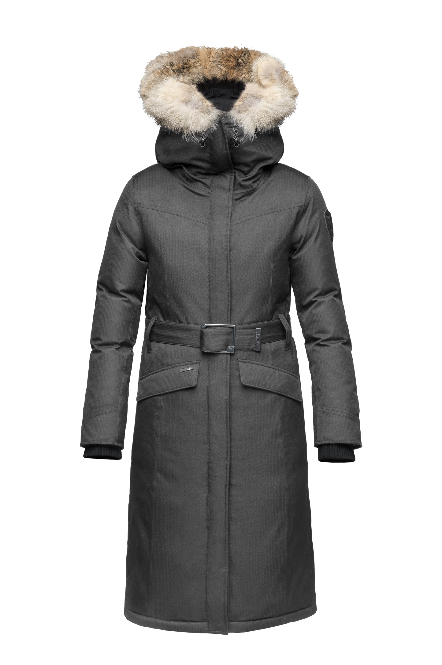 Women's maxi down filled parka with calf length hem in CH Steel Grey