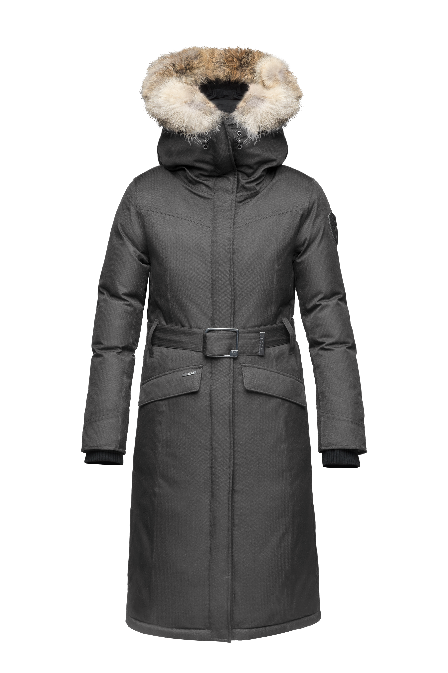 Women's maxi down filled parka with calf length hem in CH Steel Grey