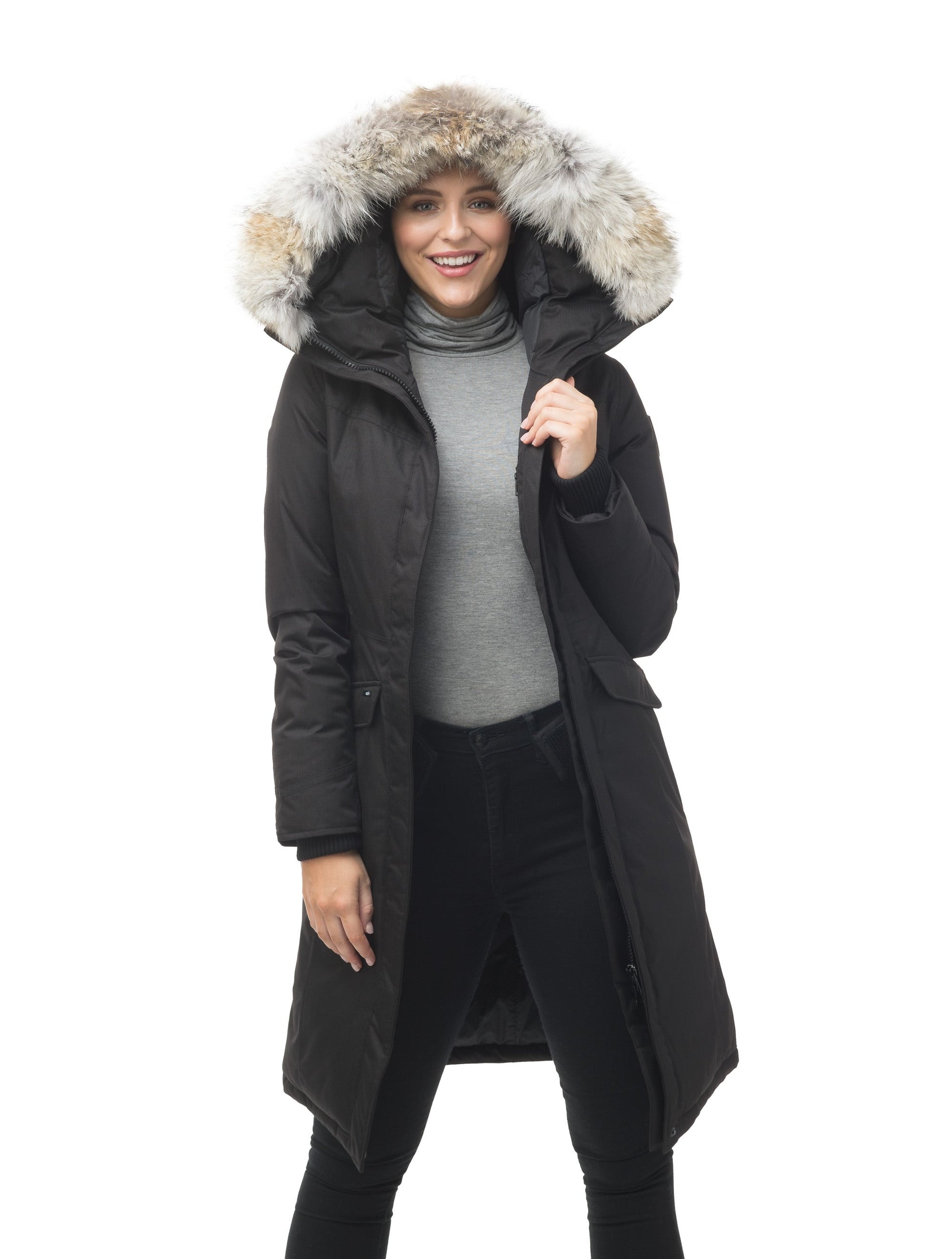 Women's maxi down filled parka with calf length hem in CH Black