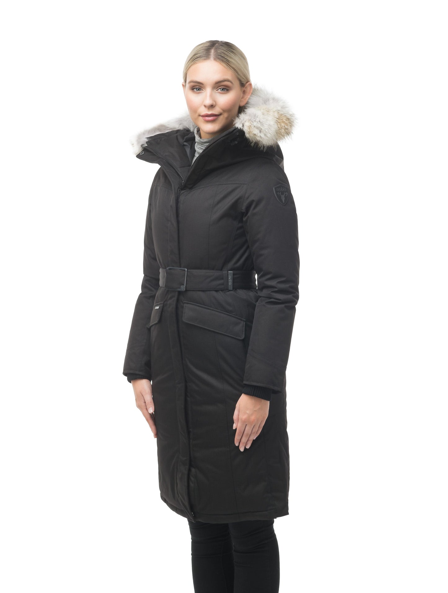 Women's maxi down filled parka with calf length hem in CH Black