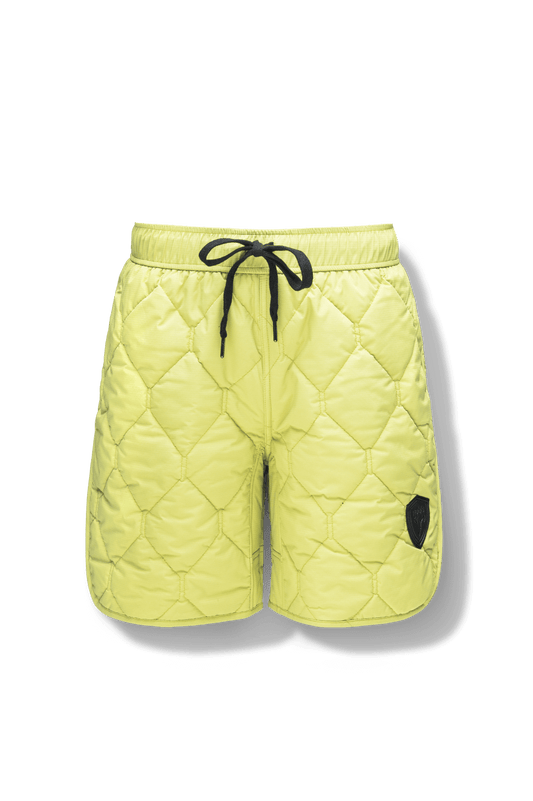 Curt Men's Performance Quilted Shorts at knee length, premium stretch nylon and stretch ripstop fabricaiton, premium 4-way stretch, water resistant Primaloft Gold Insulation Active+, side seam pockets, exteriror back pocket, elasticized waist with drawcords, and notch detailing at side seams, in Dark Citron + Dark Citron