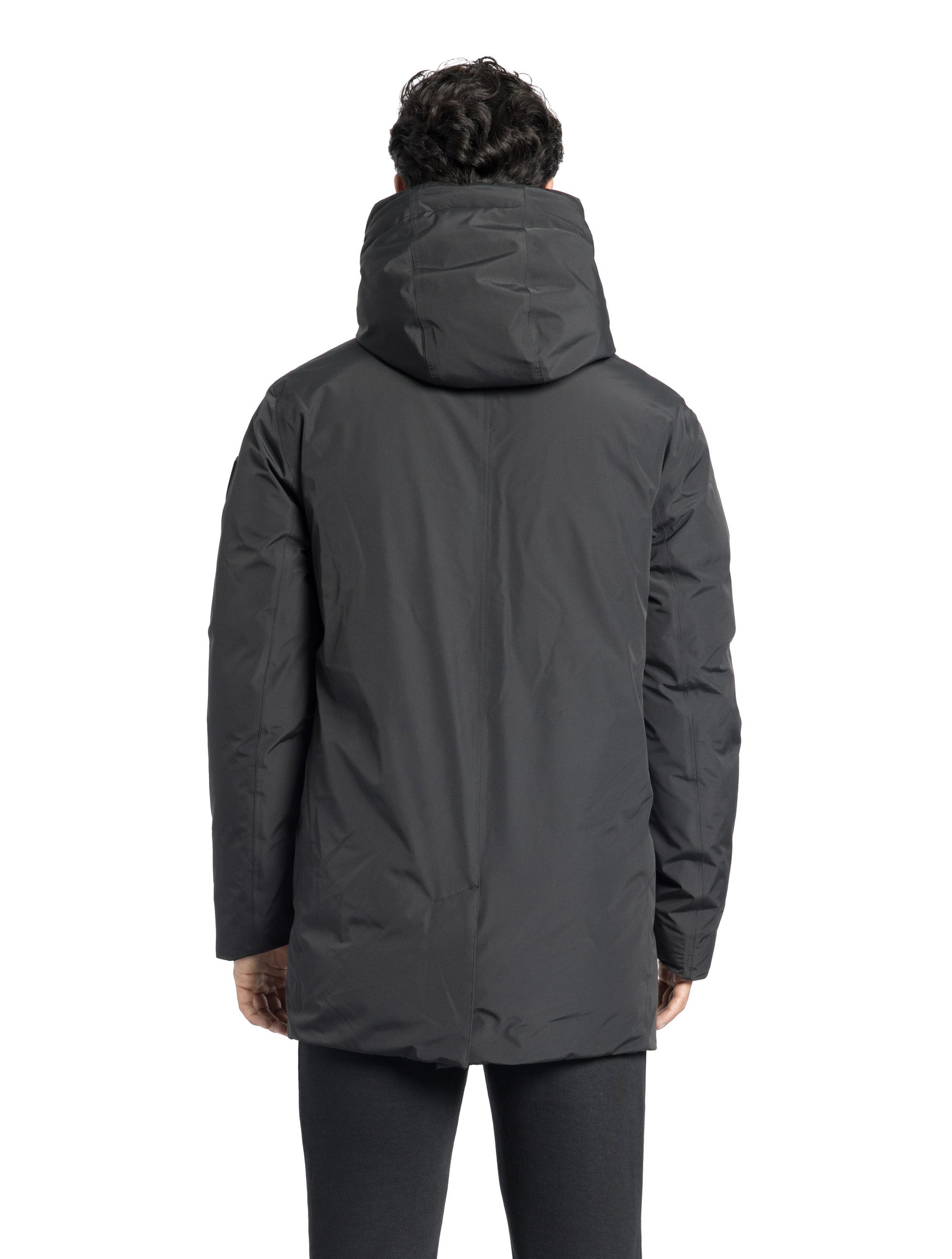 Kason Men's Light Down Parka in thigh length, premium 3-ply micro denier and stretch ripstop fabrication, Premium Canadian origin White Duck Down insulation, non-removable down-filled hood, two-way centre-front zipper, magnetic closure wind flap, fleece-lined pockets at chest and waist, flap pockets at waist, pit zipper vents, in Black