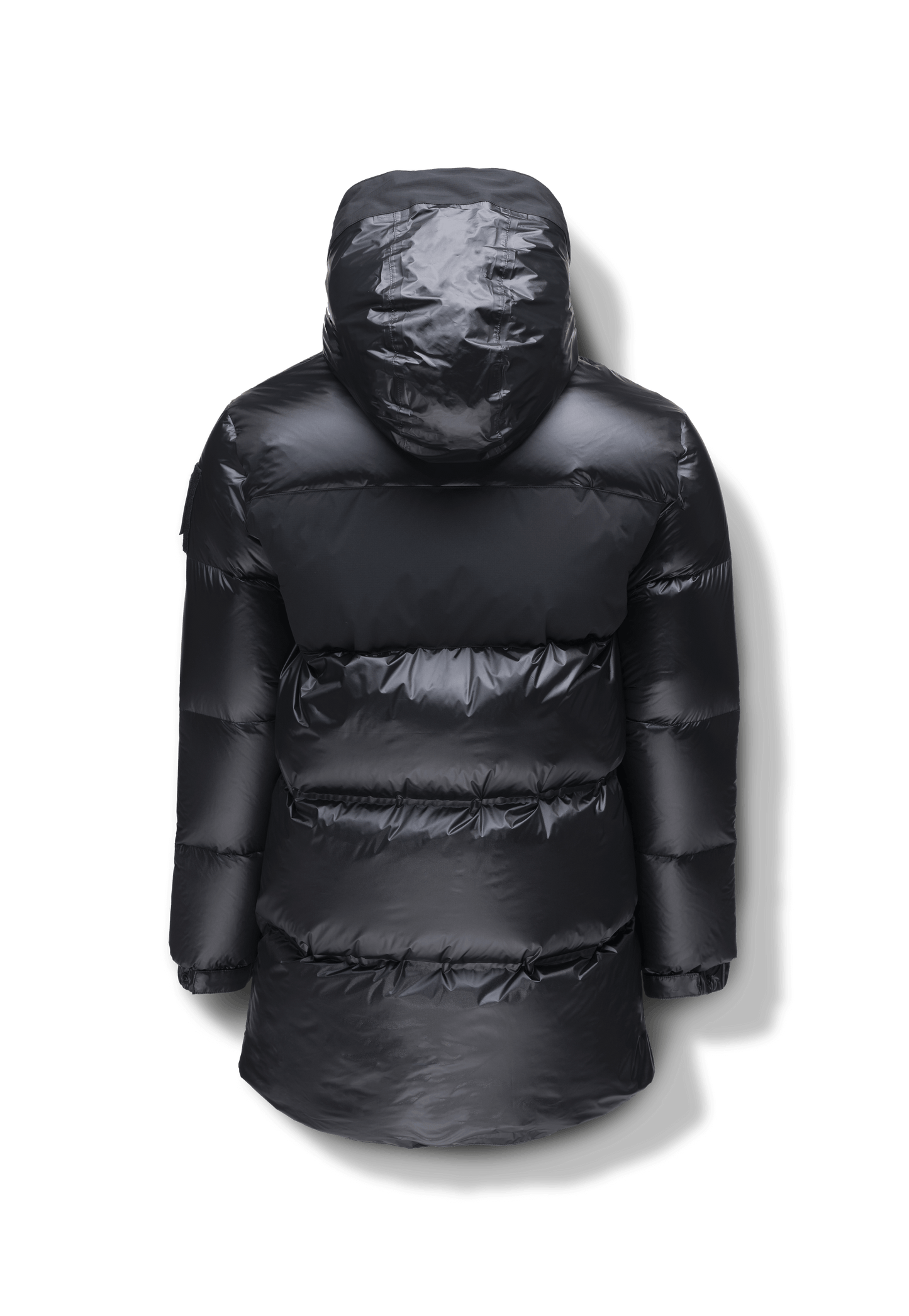 Neelix Men's Long Puffer Jacket in thigh length, premium cire technical nylon taffeta and stretch ripstop fabrication, Premium Canadian origin White Duck Down insulation, non-removable down-filled hood, two-way centre-front zipper, pit zipper vents, hidden chest zipper pockets, fleece-lined magnetic closure waist pockets, in Black