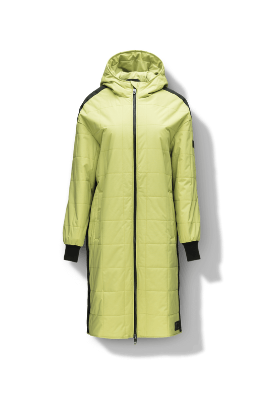 Radar Women's Performance Long Midlayer Jacket in long length, premium stretch ripstop and stretch Toray nylon fabrication, premium 4-way stretch, water resistant Primaloft Gold Insulation Active+, non-removable hood with adjustable draw cord, 2-way branded zipper at centre front, single welt pockets with magnetic closure at hips, elongated ribbed cuffs, grosgrain ribbon detail at shoulder and side seams, and snap closure side seam vent, in Dark Citron + Dark Citron