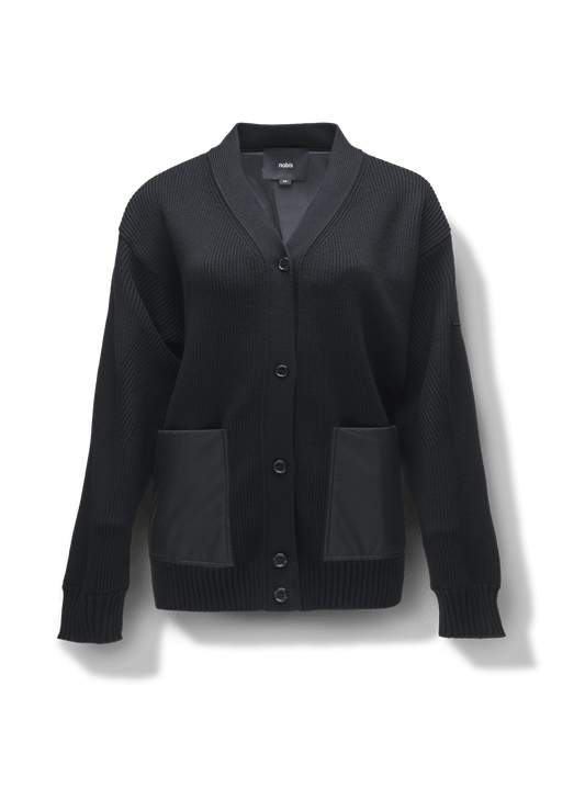 Riga Tailored Button Front Cardigan in thigh length, premium virgin extra fine merino wool knit and stretch ripstop fabrication, Primaloft Gold Insulation Active+, button-front closure, quilted back detailing, front waist pockets, in Black 