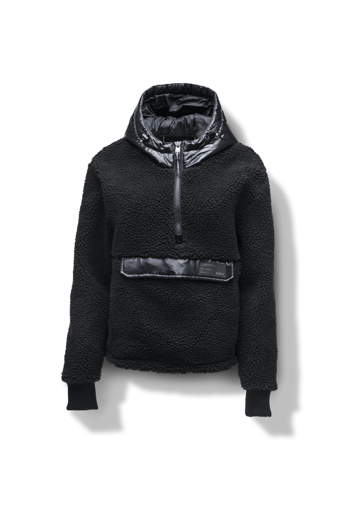 Roche Women's Hybrid Berber Pullover Hoodie in hip length, premium berber and cire technical nylon taffeta fabrication, Primaloft Gold Insulation Active+, non-removable hood with zipper at collar, kangaroo pocket with magnetic closure flap and additional side-entry pockets, ribbed cuffs, adjustable drawcords at side hem, in Black