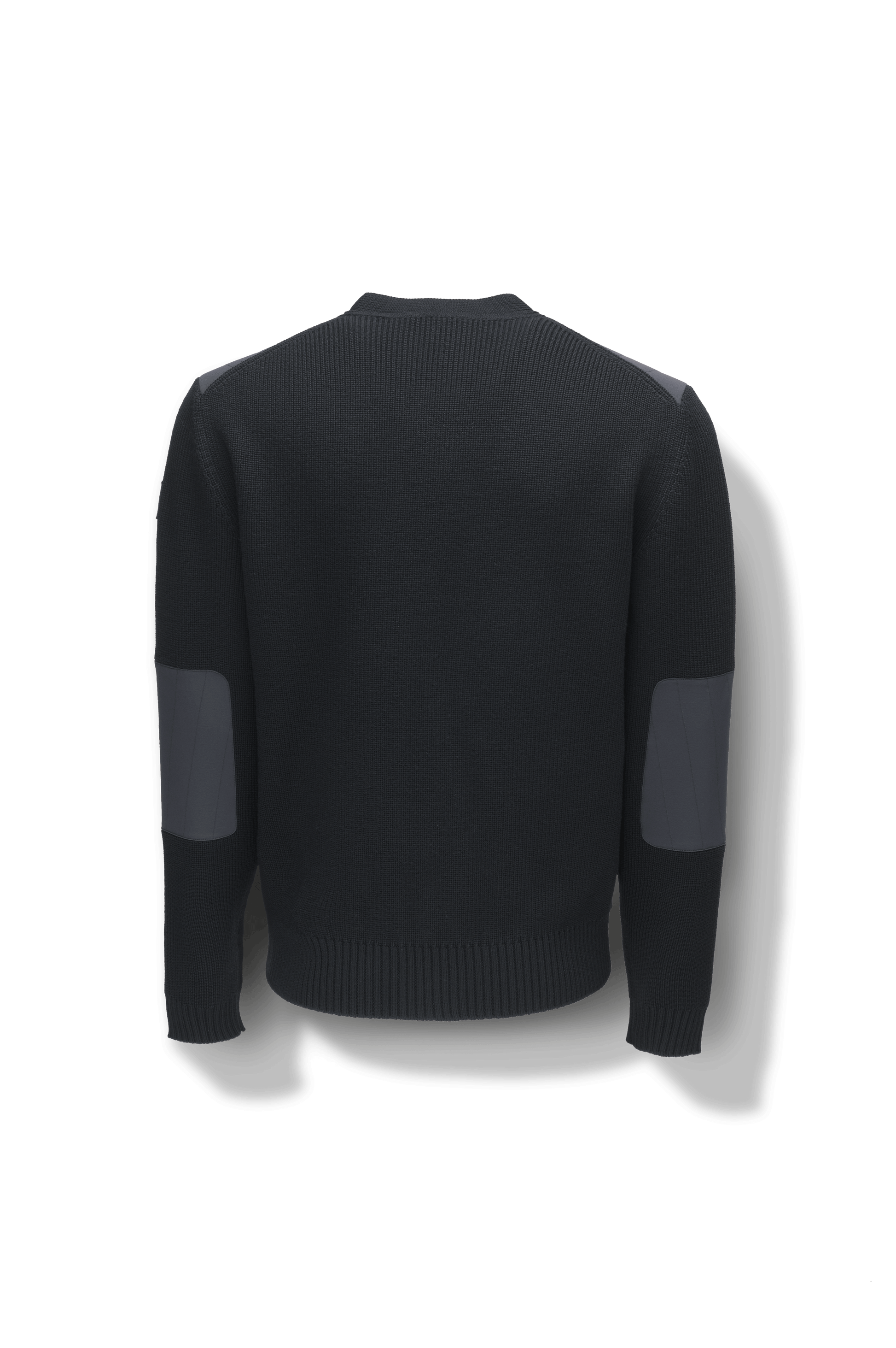 Watson Men's Hybrid V-Neck Sweater in hip length, premium stretch ripstop and 100% virgin extra fine merino wool knit fabrication, Primaloft Gold Insulation Active+, button front closure, snap button closure flap pockets at waist with additional side-entry, in Black