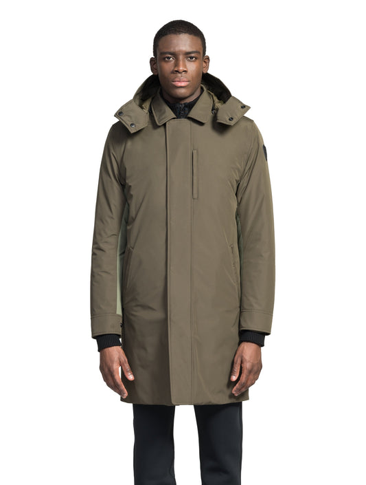 Nord Men's Tailored Trench Coat in knee length, 3-Ply Micro Denier and 4-Way Durable Stretch Weave fabrication, Premium Canadian White Duck Down insulation, removable down-filled hood, exterior zipper pocket at left chest, and adjustable snap button cuffs, in Fatigue/Eden + Fatigue/Eden