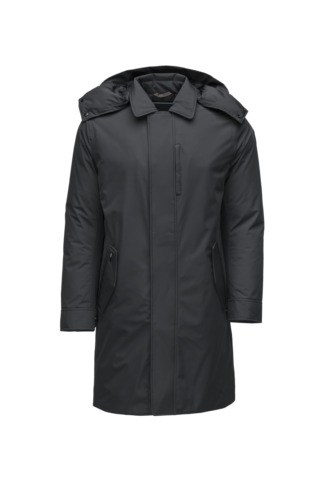 Nord Men's Tailored Trench Coat in knee length, 3-Ply Micro Denier and 4-Way Durable Stretch Weave fabrication, Premium Canadian White Duck Down insulation, removable down-filled hood, exterior zipper pocket at left chest, and adjustable snap button cuffs, in Black