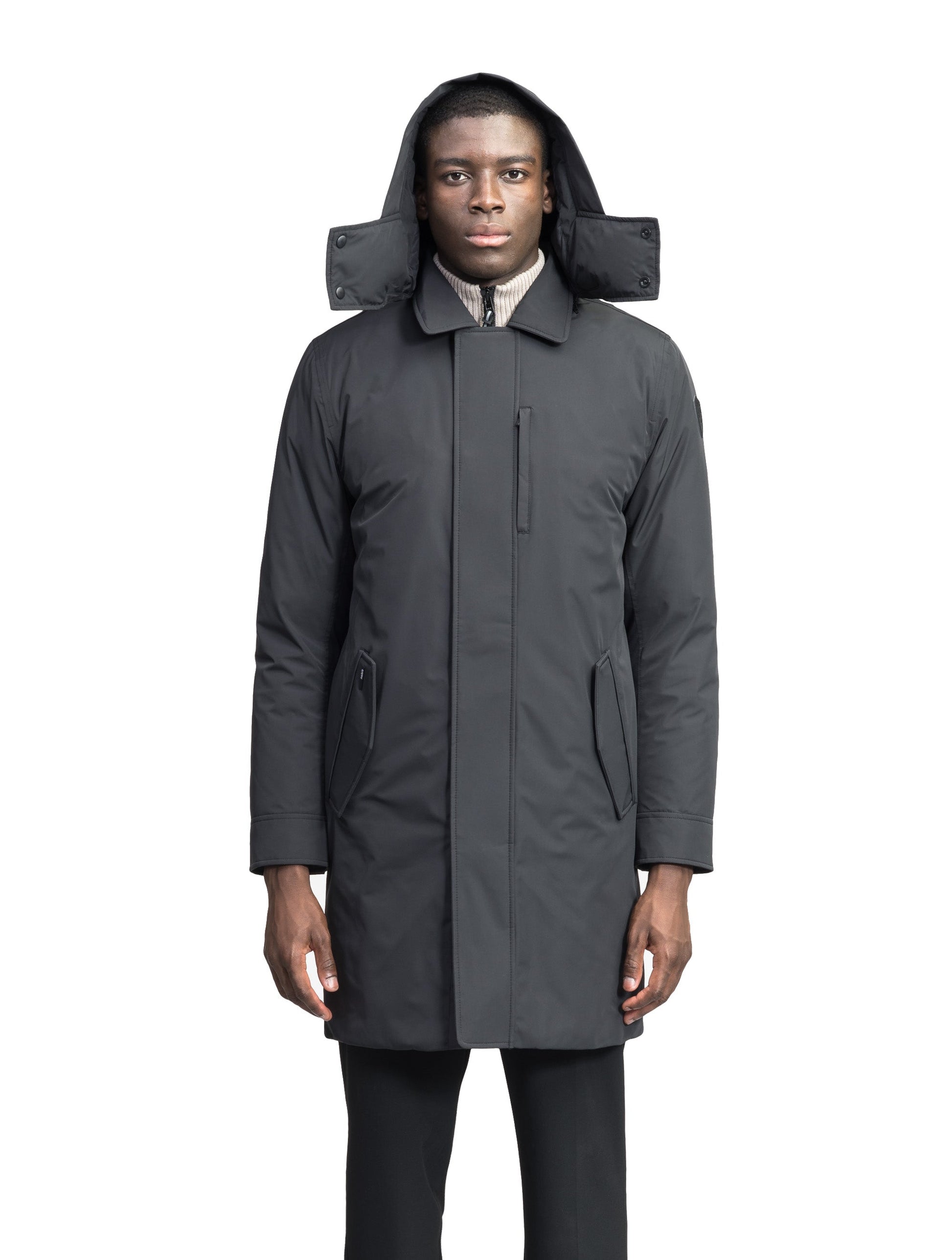 Nord Men's Tailored Trench Coat in knee length, 3-Ply Micro Denier and 4-Way Durable Stretch Weave fabrication, Premium Canadian White Duck Down insulation, removable down-filled hood, exterior zipper pocket at left chest, and adjustable snap button cuffs, in Black