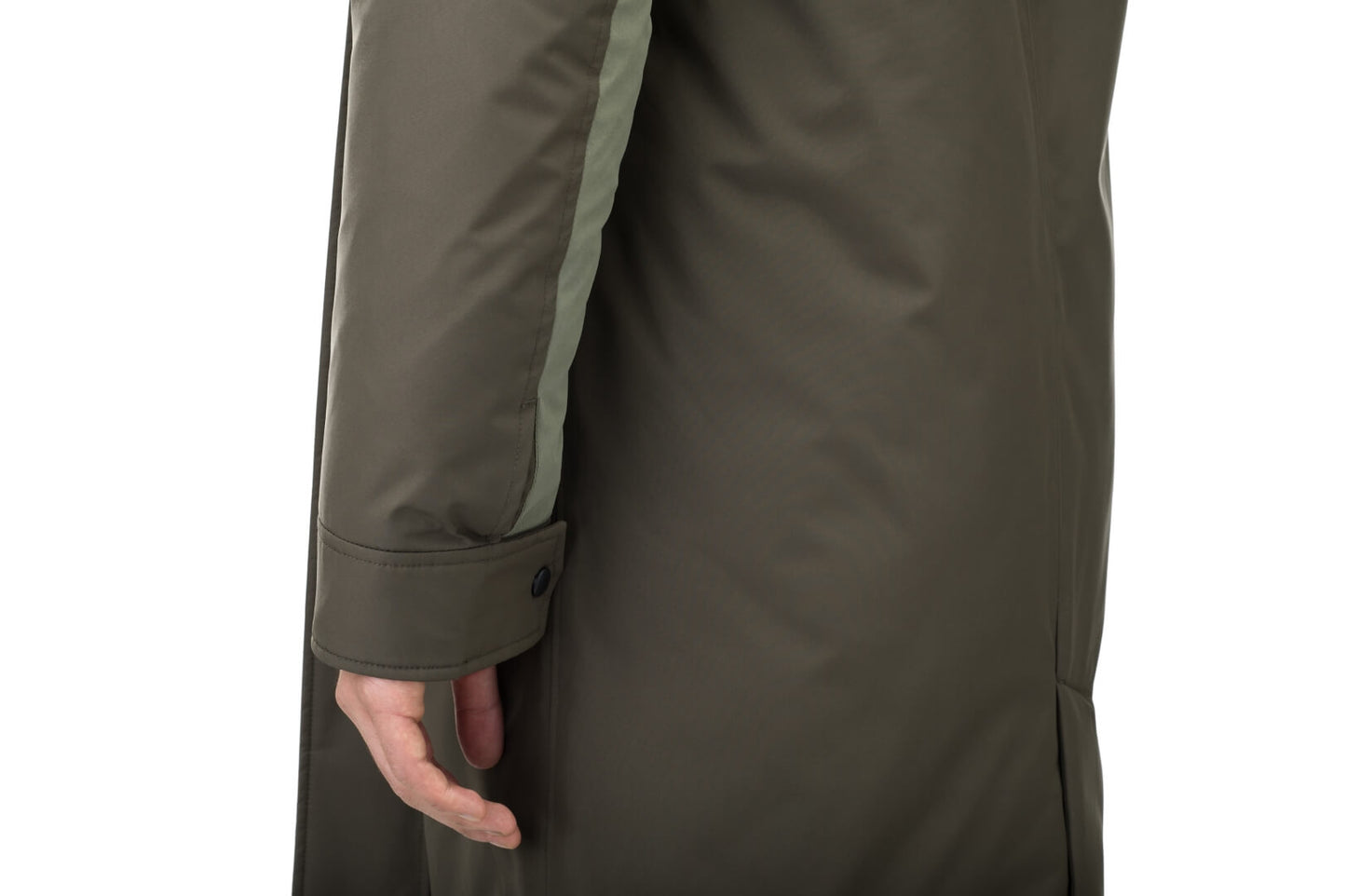 Nord Men's Tailored Trench Coat in knee length, 3-Ply Micro Denier and 4-Way Durable Stretch Weave fabrication, Premium Canadian White Duck Down insulation, removable down-filled hood, exterior zipper pocket at left chest, and adjustable snap button cuffs, in Fatigue/Eden