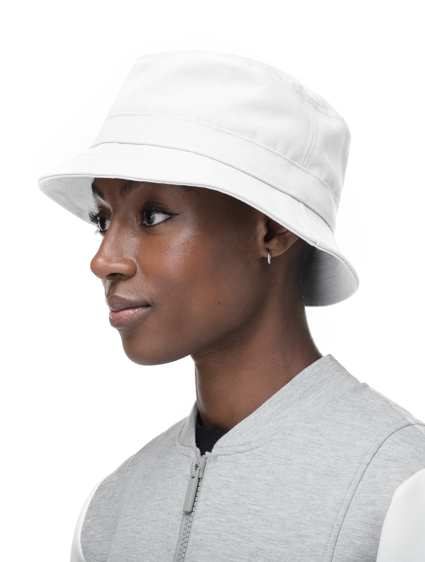 Unisex bucket hat with flat crown top and stitching detail on brim in Optic White