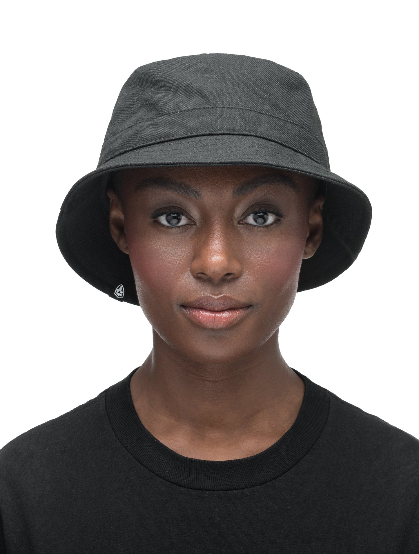 Unisex bucket hat with flat crown top and stitching detail on brim in Black