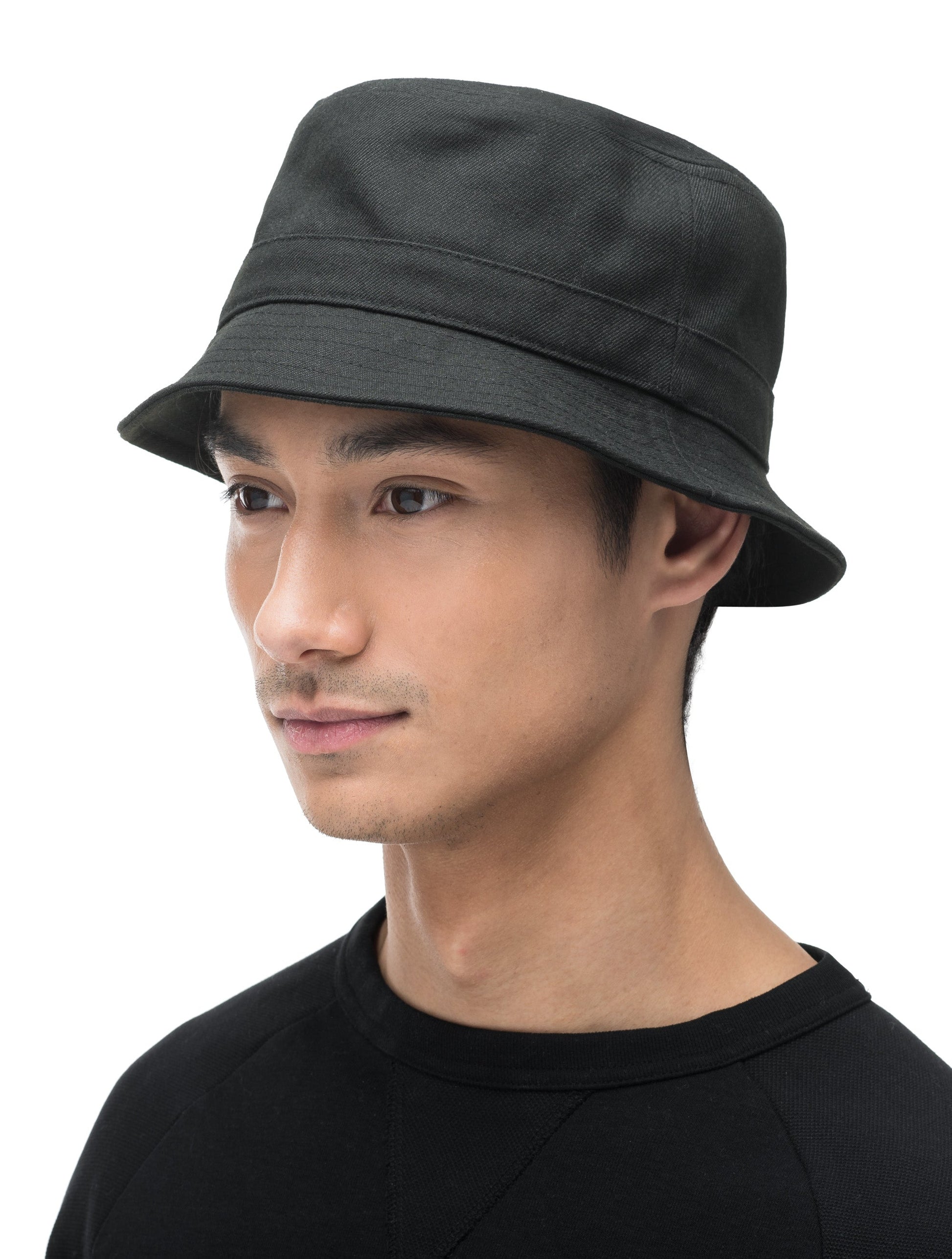 Unisex bucket hat with flat crown top and stitching detail on brim in Black