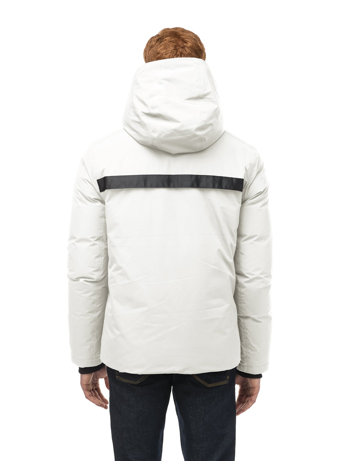 Hip length, reversible men's down filled jacket with removable hood in Chalk/Atomic