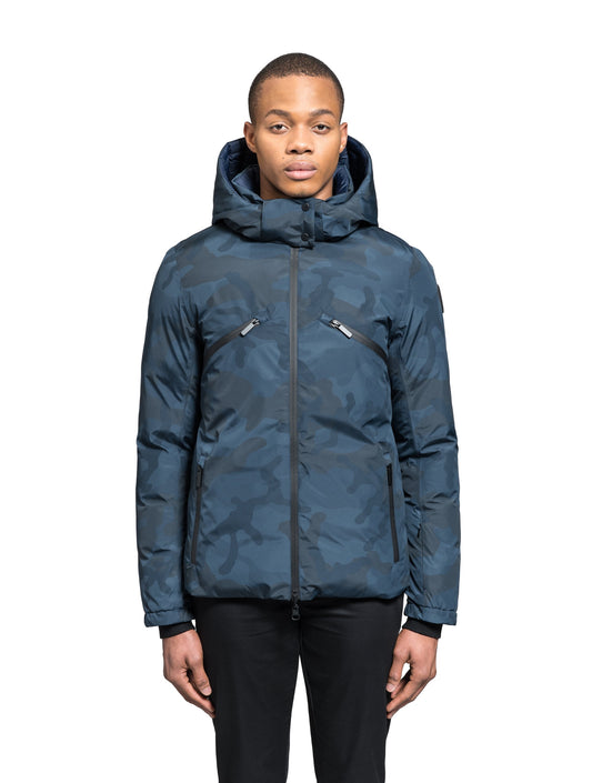 Hip length, reversible men's down filled jacket with removable hood in Navy Camo + Navy Camo