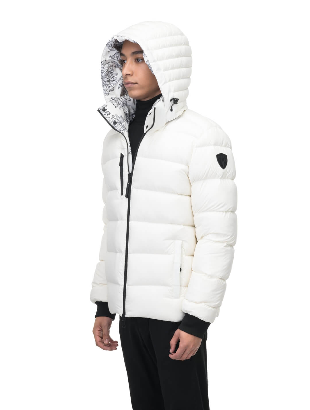 Hip length, reversible men's down filled jacket with removable hood in White Floral Print