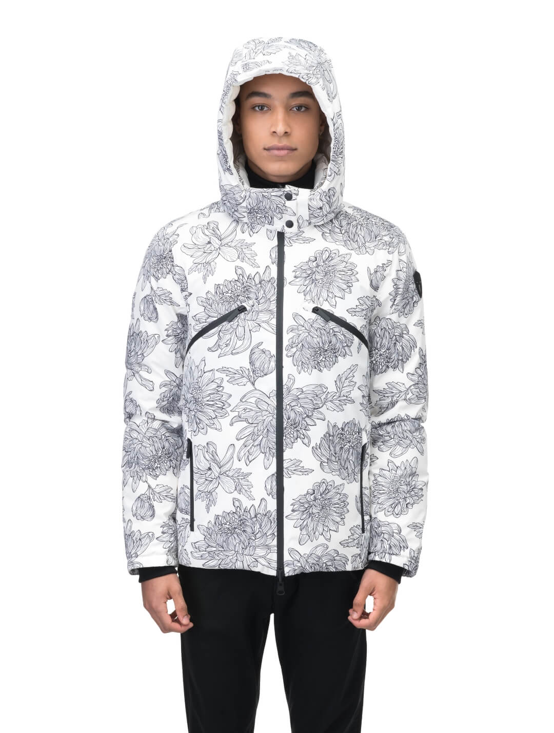 Hip length, reversible men's down filled jacket with removable hood in White Floral Print