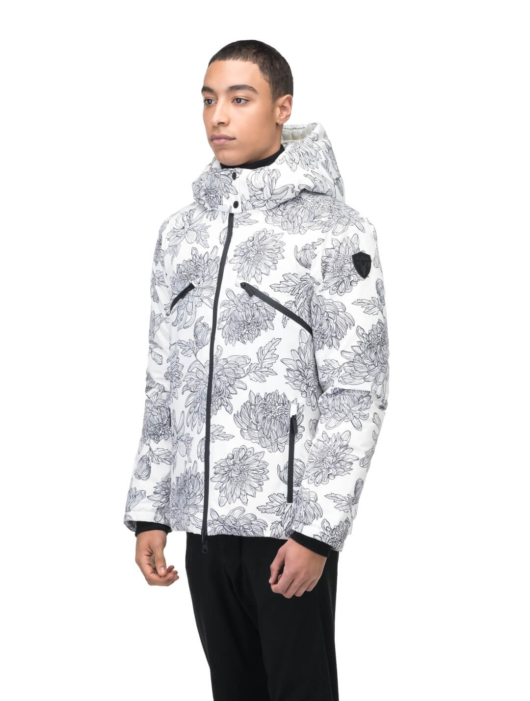 Hip length, reversible men's down filled jacket with removable hood in White Floral Print