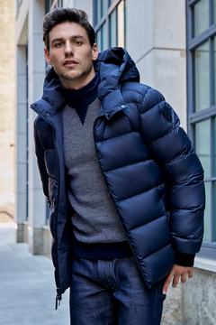 Men's reversible down jacket on the puffer side.