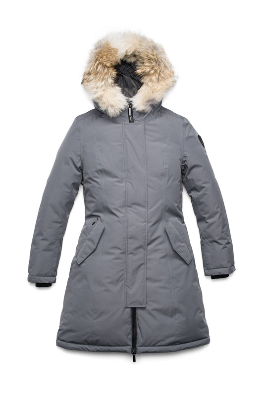 Ladies thigh length down-filled parka with non-removable hood and removable coyote fur trim in Concrete + Concrete