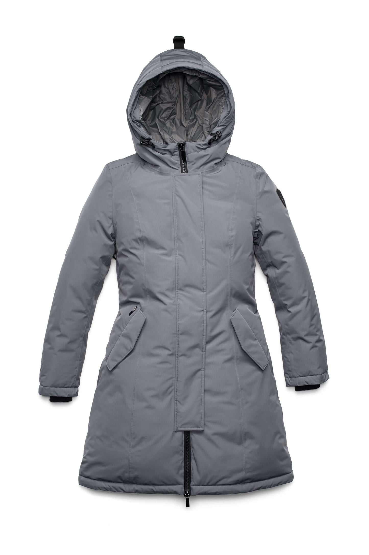 Ladies thigh length down-filled parka with non-removable hood in Concrete