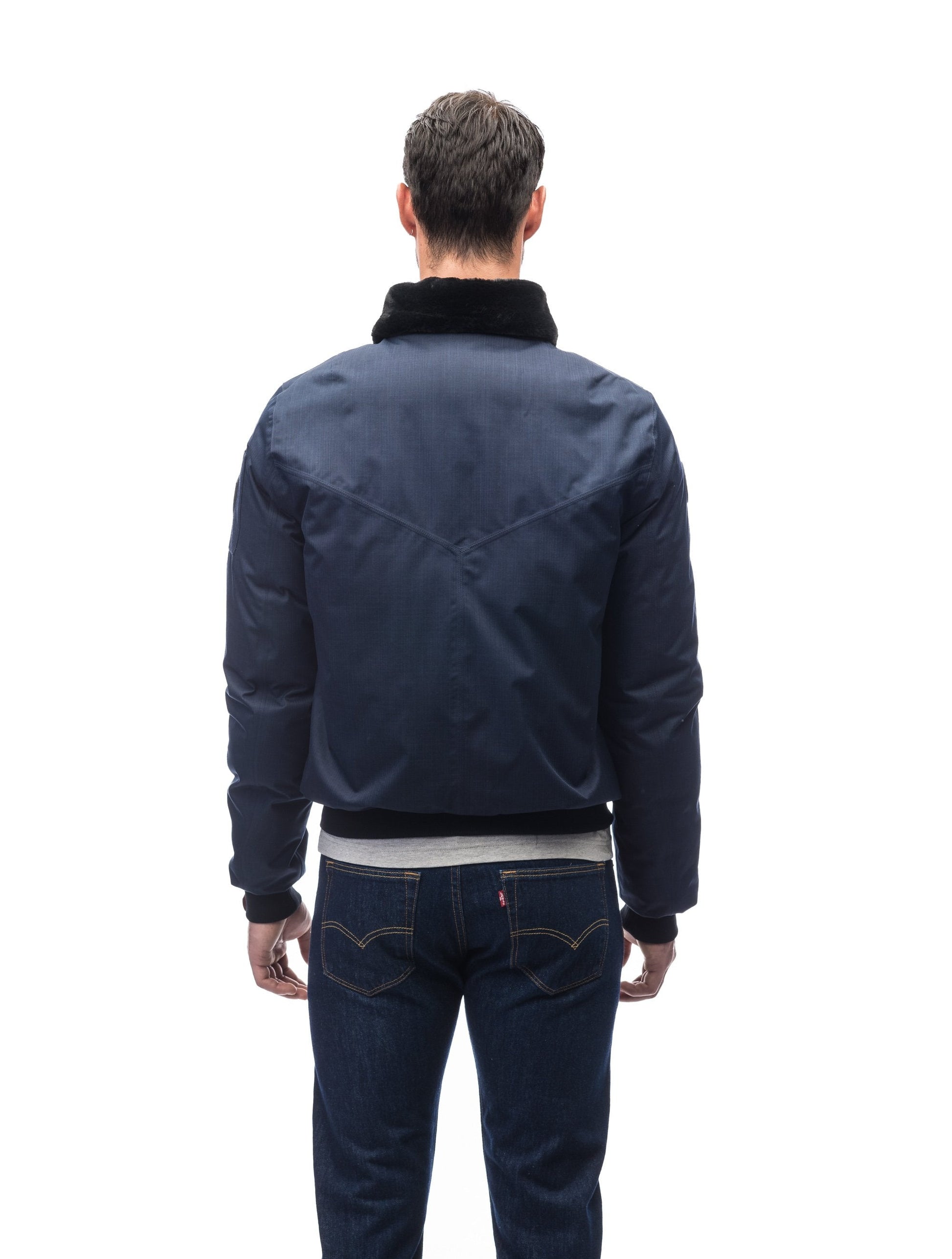 Men's down fileld waist length bomber jacket with shirt style rabbit fur collar in Navy