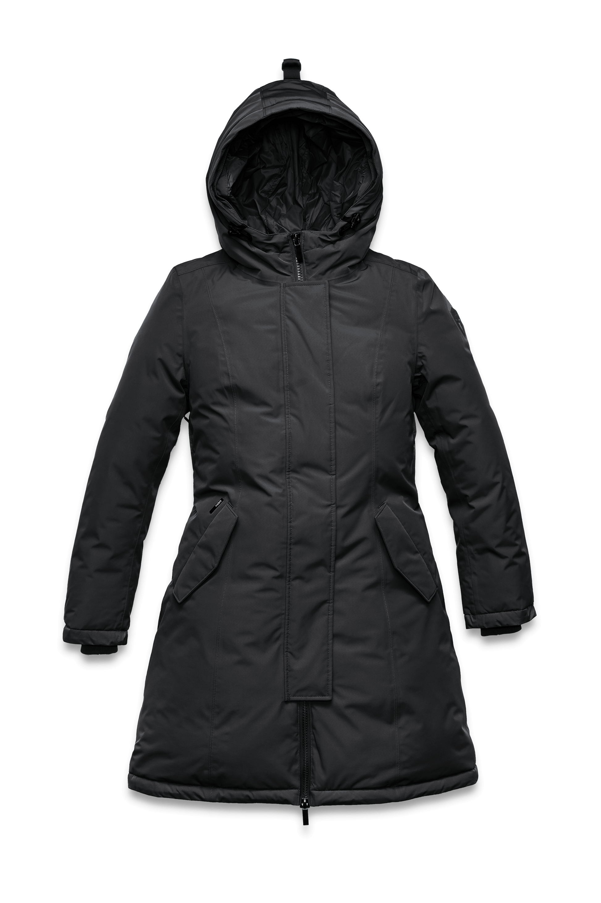 Ladies thigh length down-filled parka with non-removable hood in Black